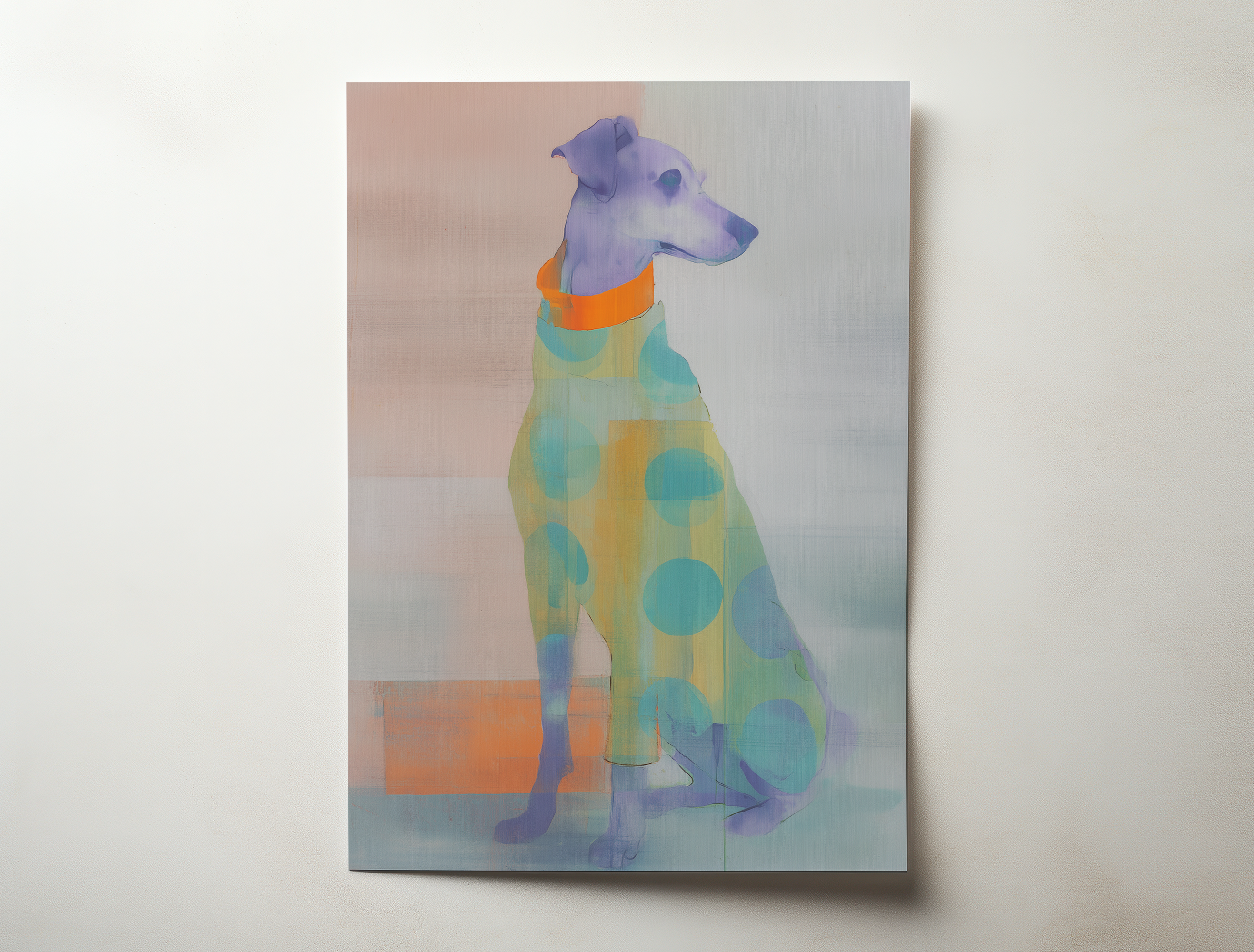 Abstract dog illustration art print in soft pastel colors, modern contemporary wall decor