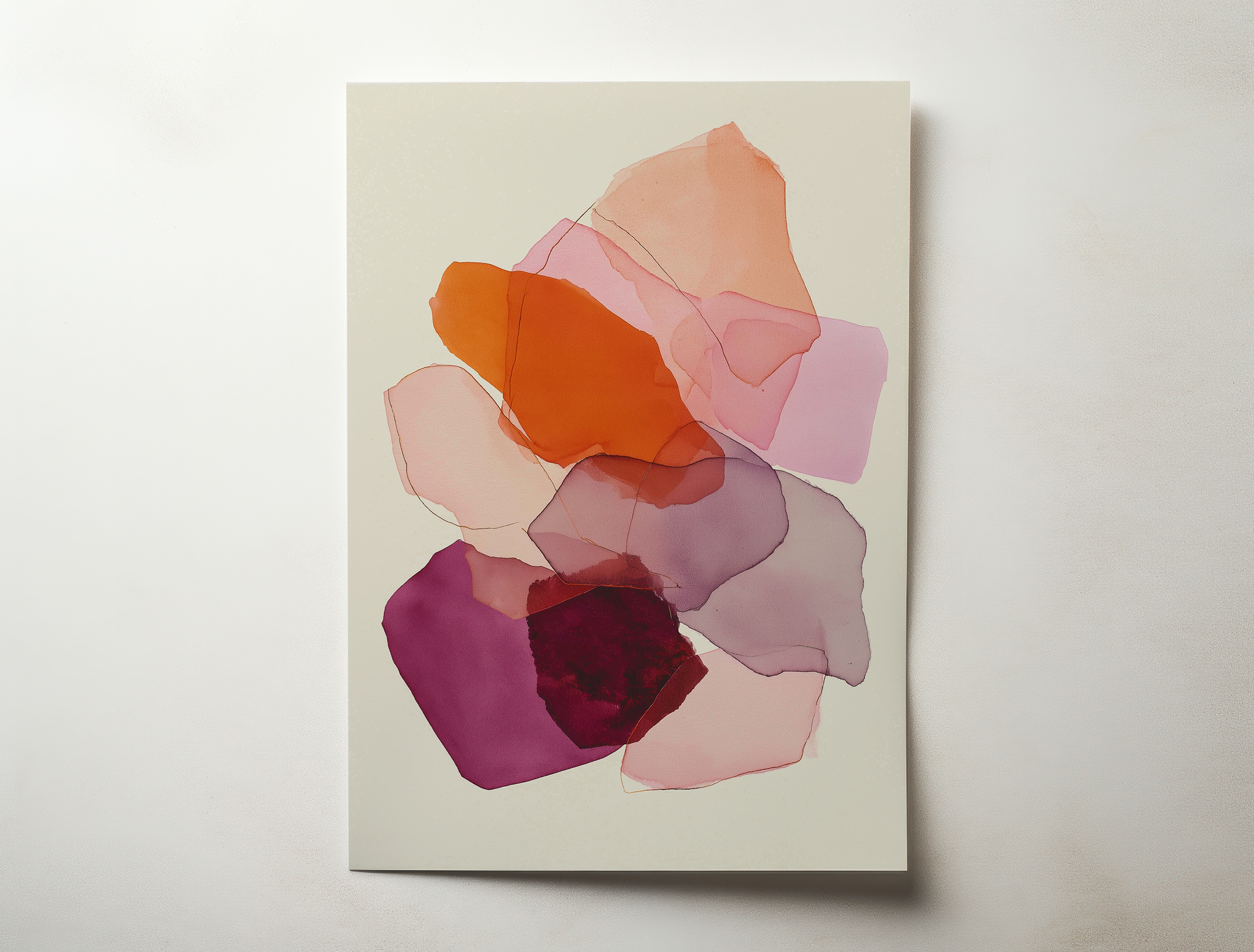 Abstract art print with layered translucent burgundy, terracotta and blush shapes on a neutral background