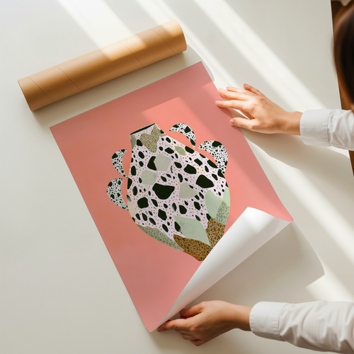 Contemporary art print of a modern vase with organic shapes and terrazzo-inspired textures in warm tones