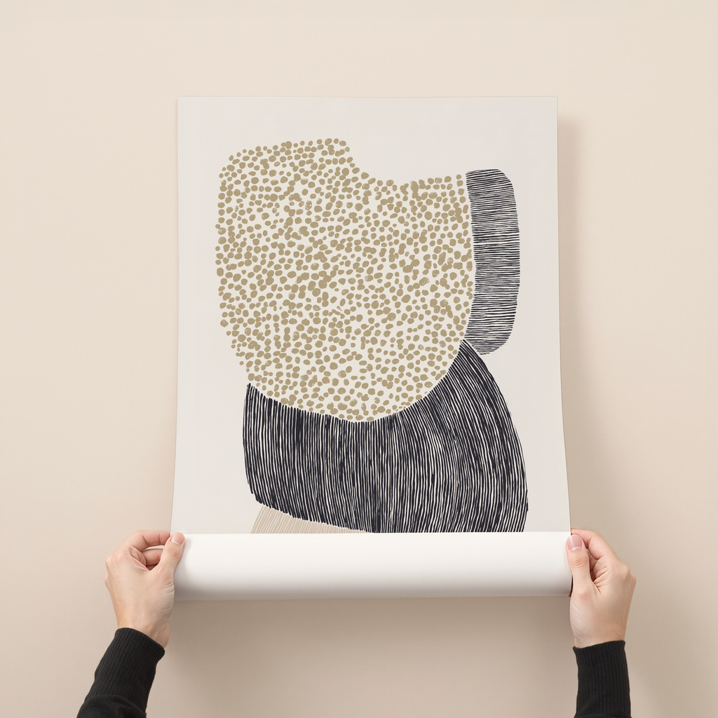 Halo Sand minimalist abstract wall art with sand colored dots and black organic shapes
