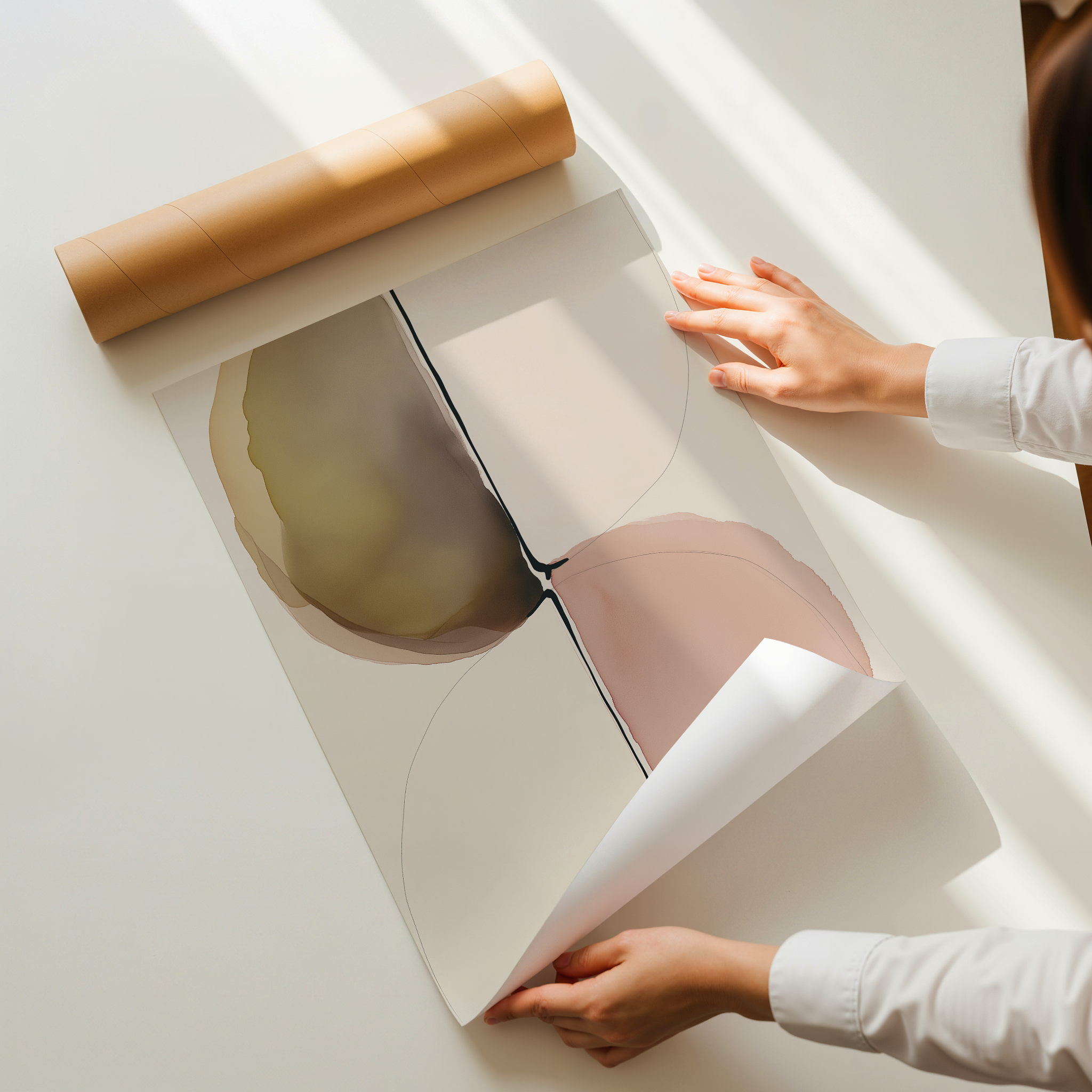 Solren minimalist abstract wall art with organic shapes in warm neutral tones intersected by a bold vertical line