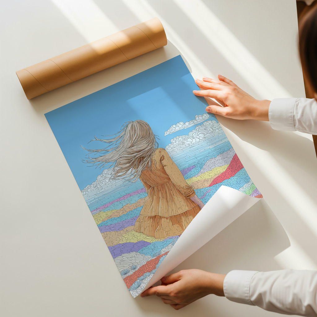 Illustrated wall art print of a girl with long hair blowing in the wind, standing in a colorful desert landscape under a blue sky.