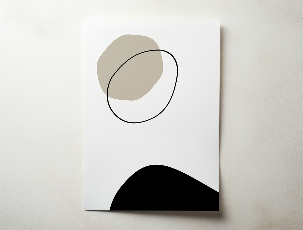 Minimal abstract wall art print with beige organic shape and black line on white background