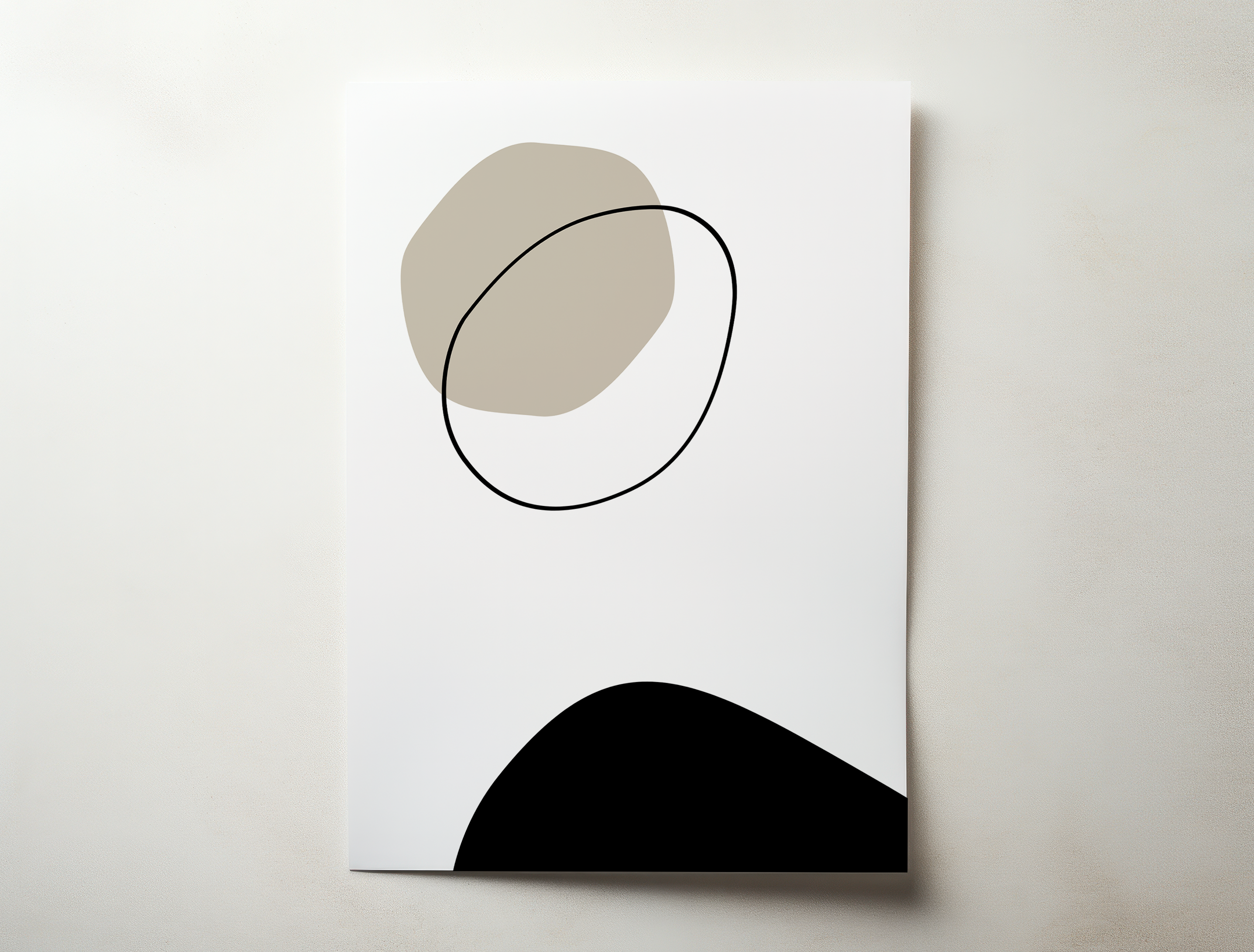 Minimal abstract wall art print with beige organic shape and black line on white background