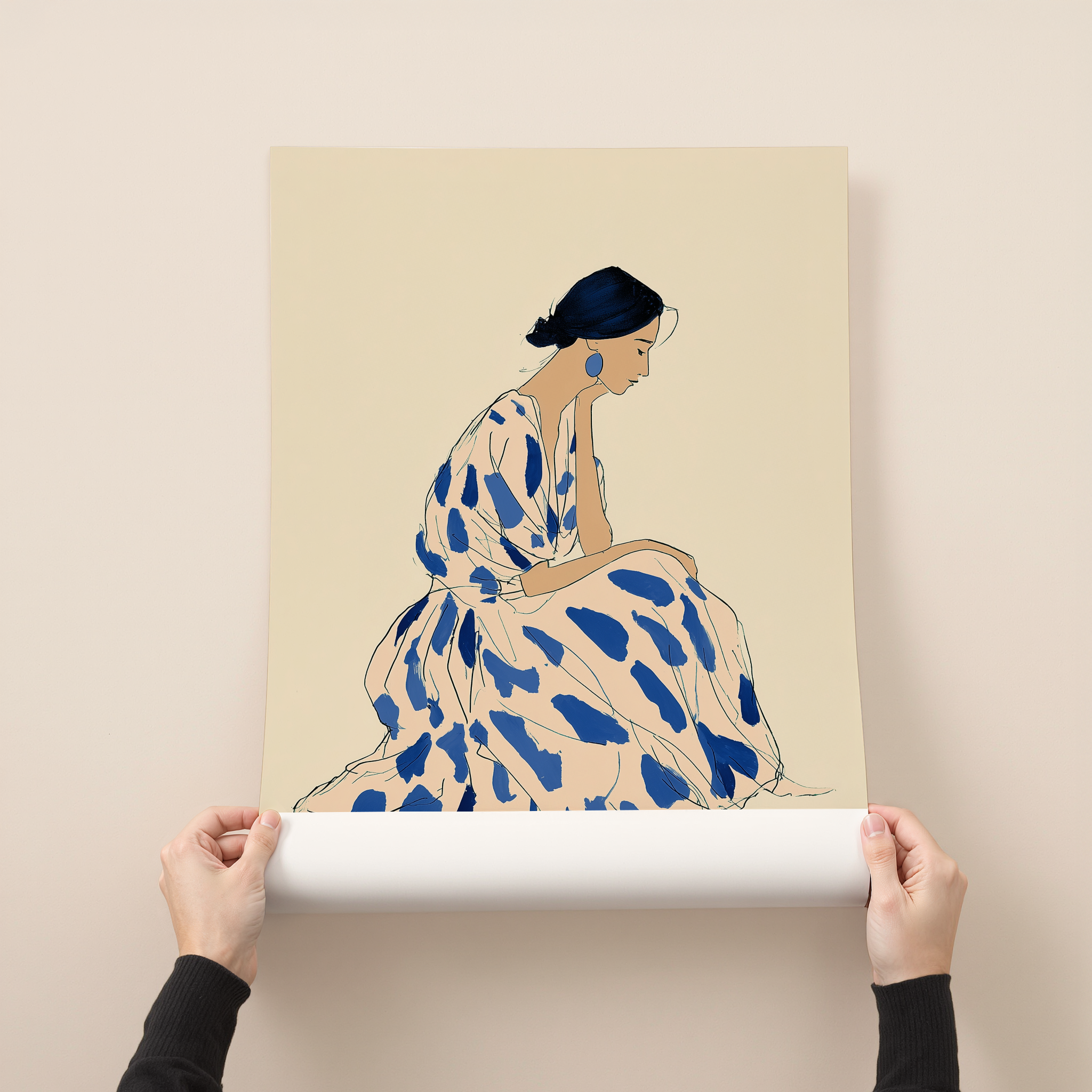 Framed minimalist artwork of a seated female figure in soft beige tones with blue accents, modern and elegant wall art