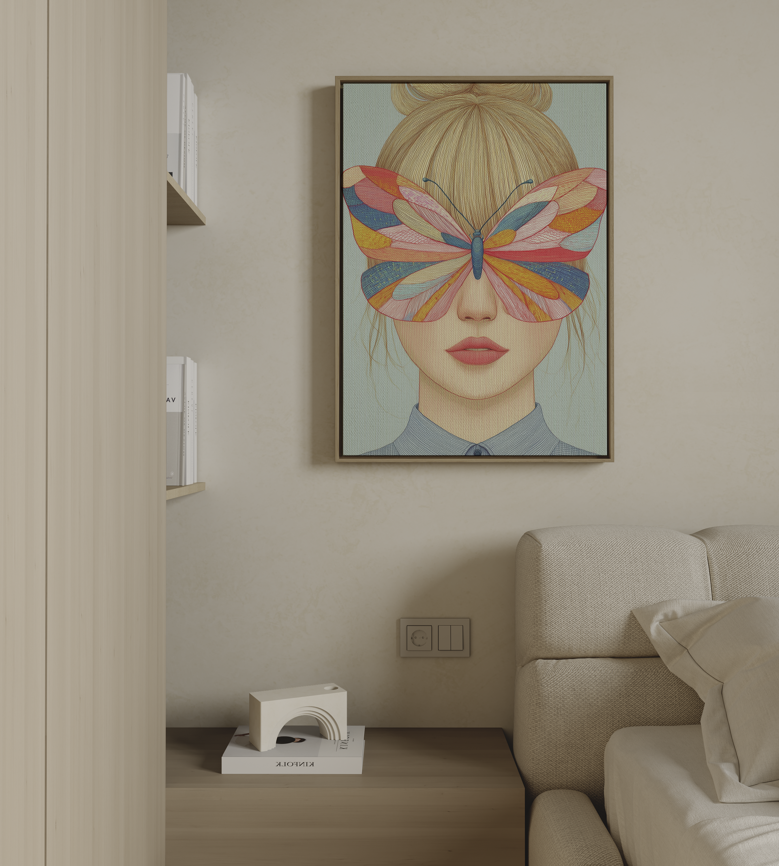 Modern living room with a colorful butterfly-themed wall art piece.