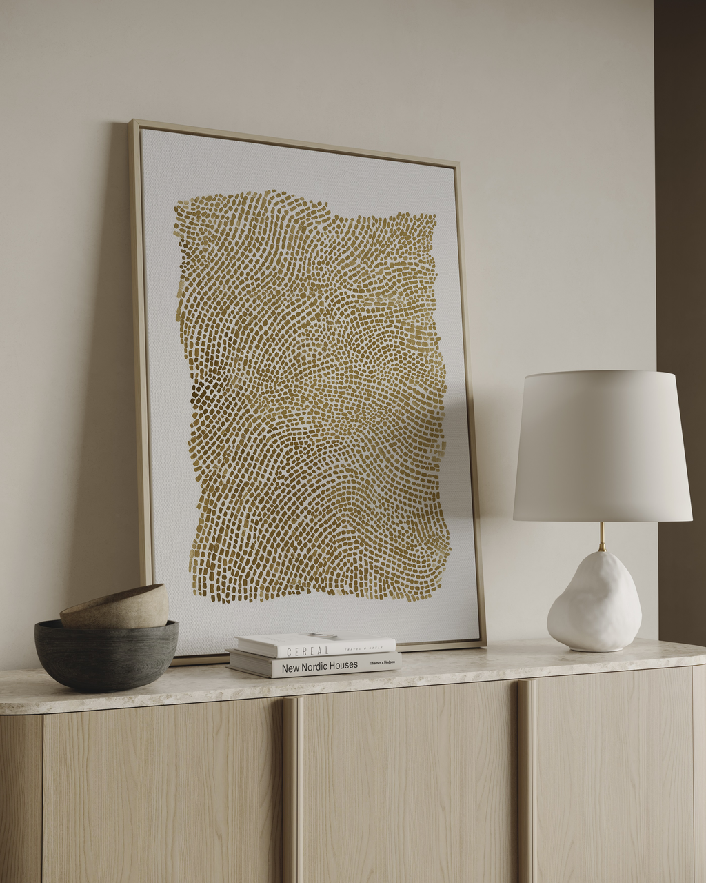 Minimalist abstract wall art with gold textured pattern on neutral background