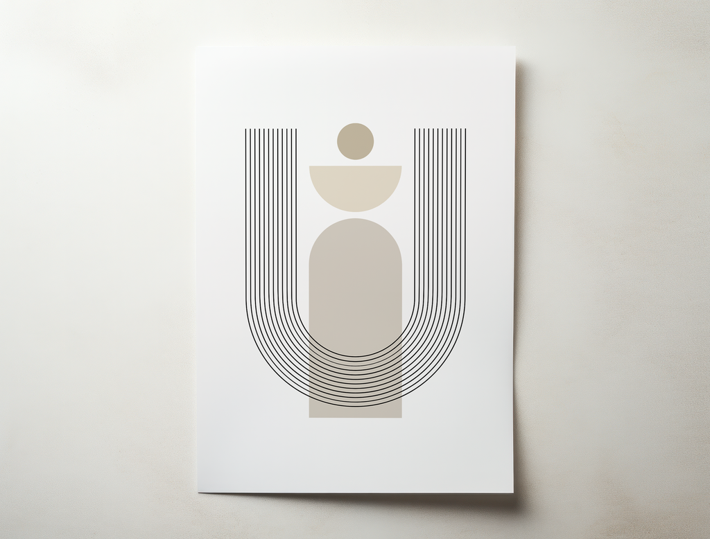 Minimal geometric abstract art print with soft curves and neutral beige tones