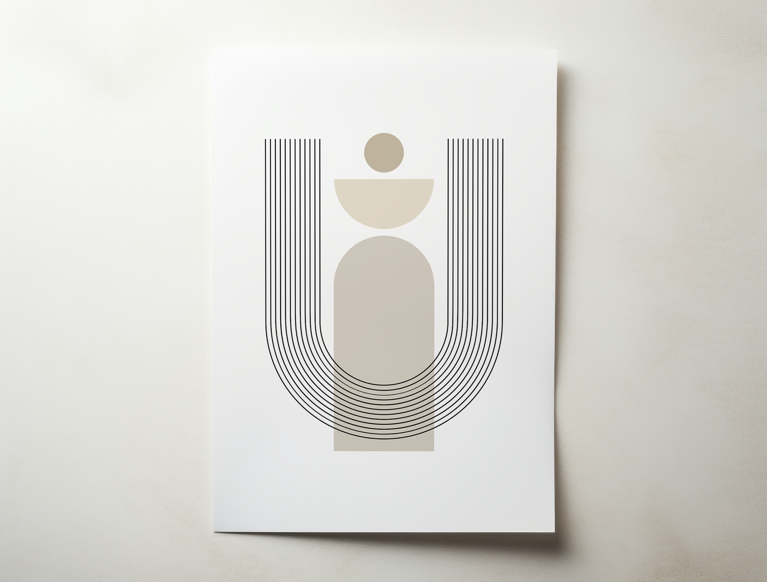 Minimal geometric abstract art print with soft curves and neutral beige tones