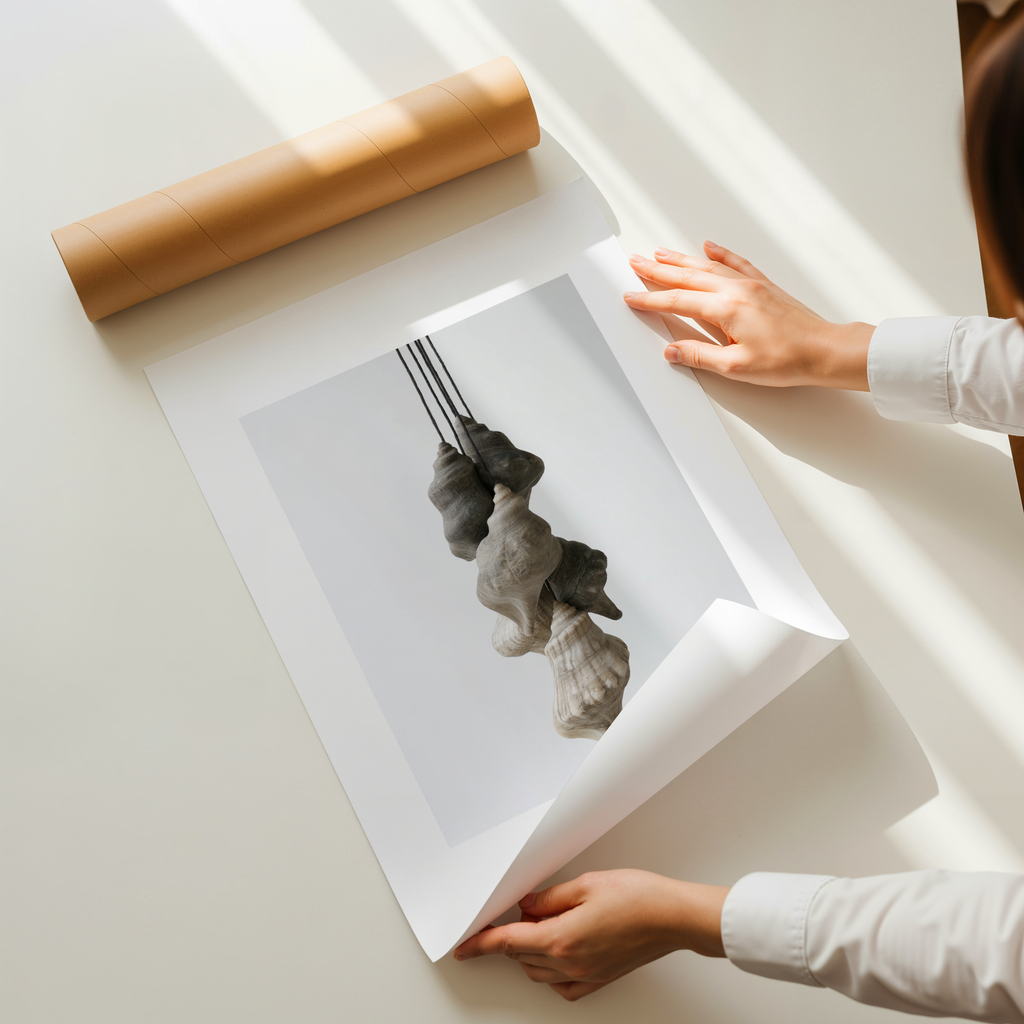 Seronne minimalist shell photography wall art with suspended sculptural seashell composition