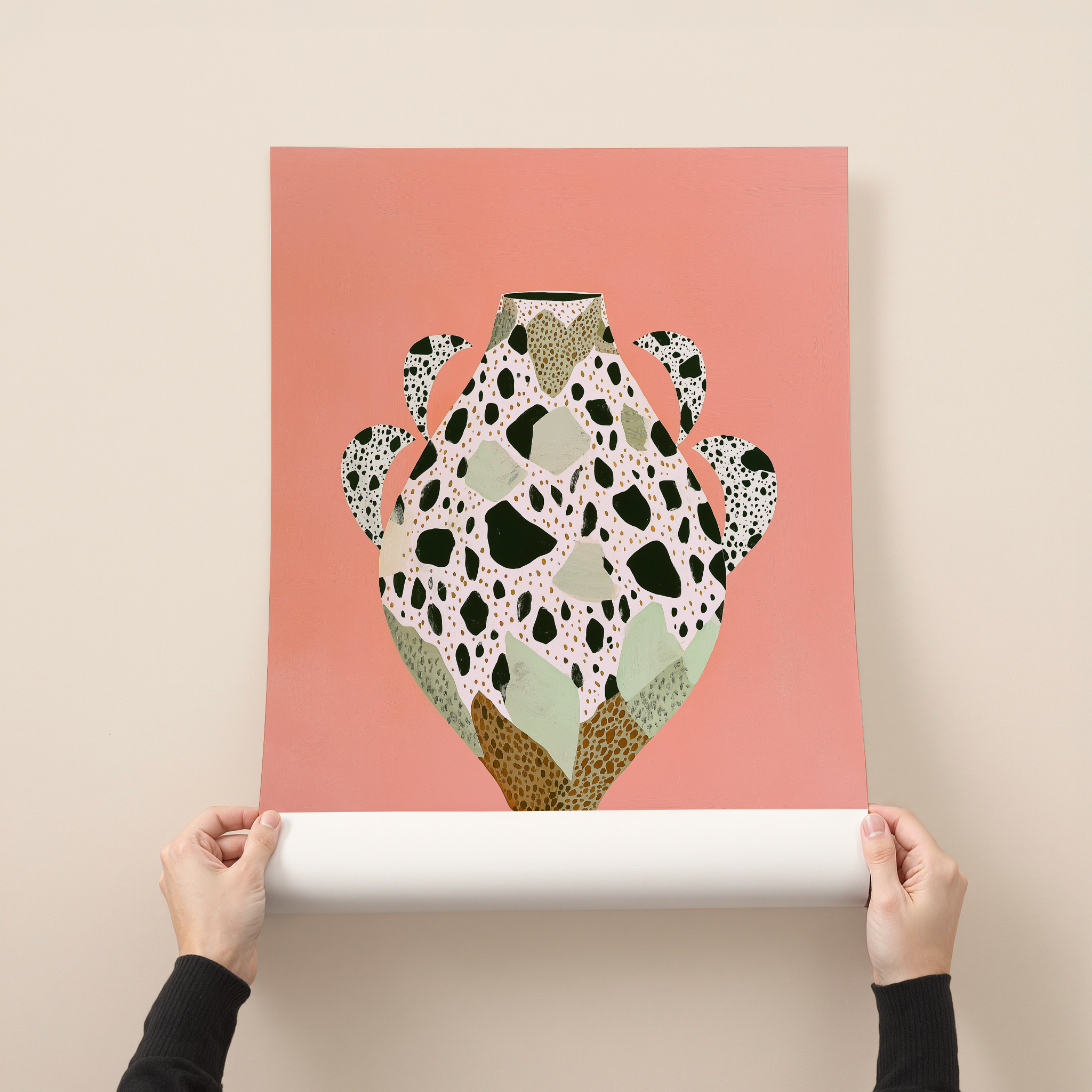 Contemporary art print of a modern vase with organic shapes and terrazzo-inspired textures in warm tones