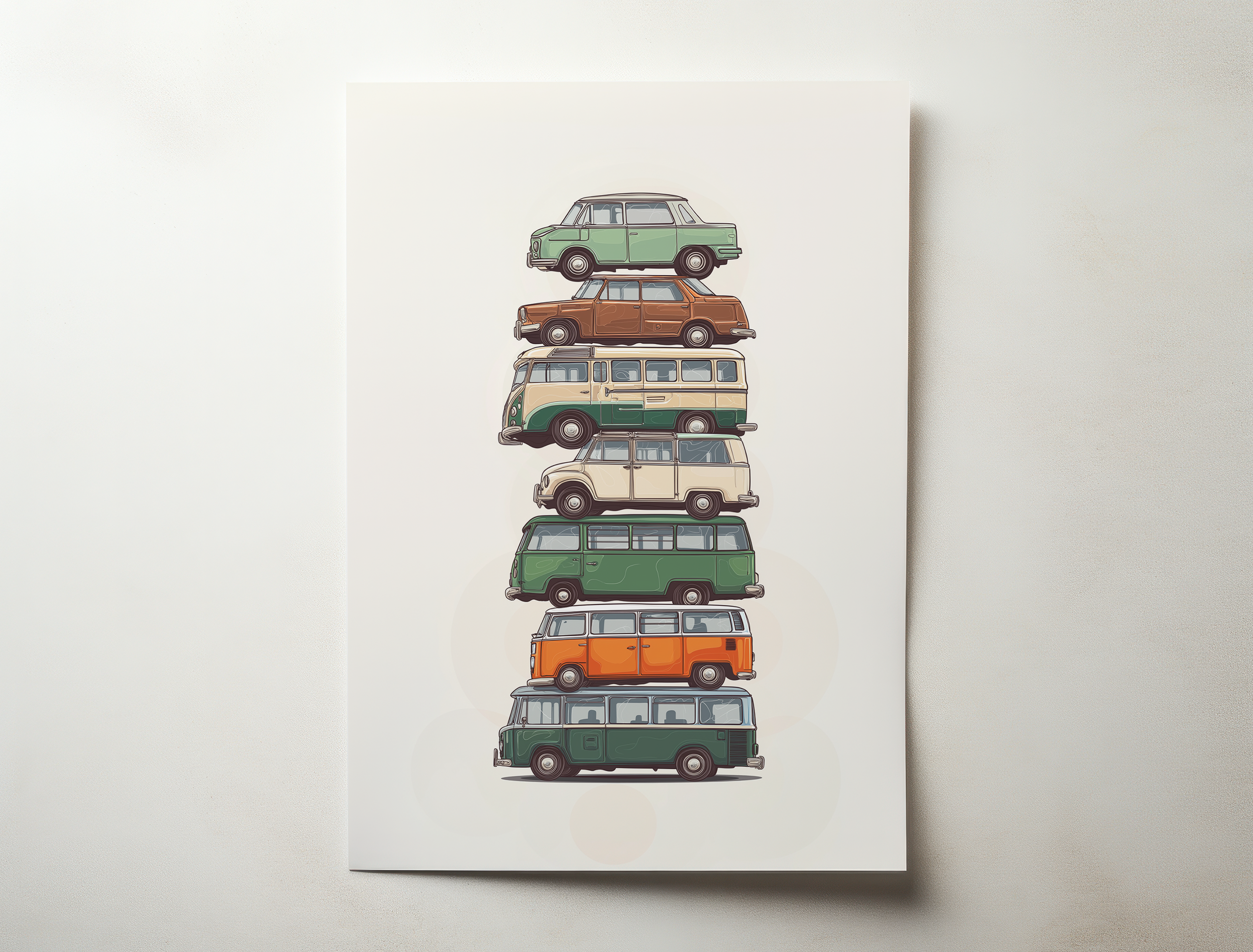 Illustrated art print of stacked vintage vans in green, beige, and orange tones, minimalist retro wall art.