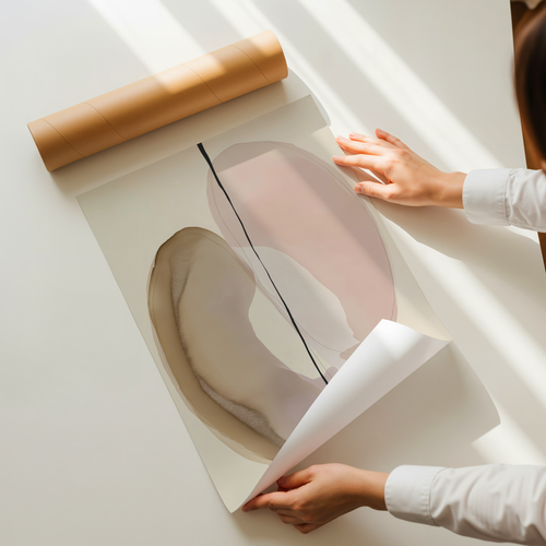 Arcelle minimalist abstract wall art featuring two soft organic shapes in neutral tones divided by a bold vertical line
