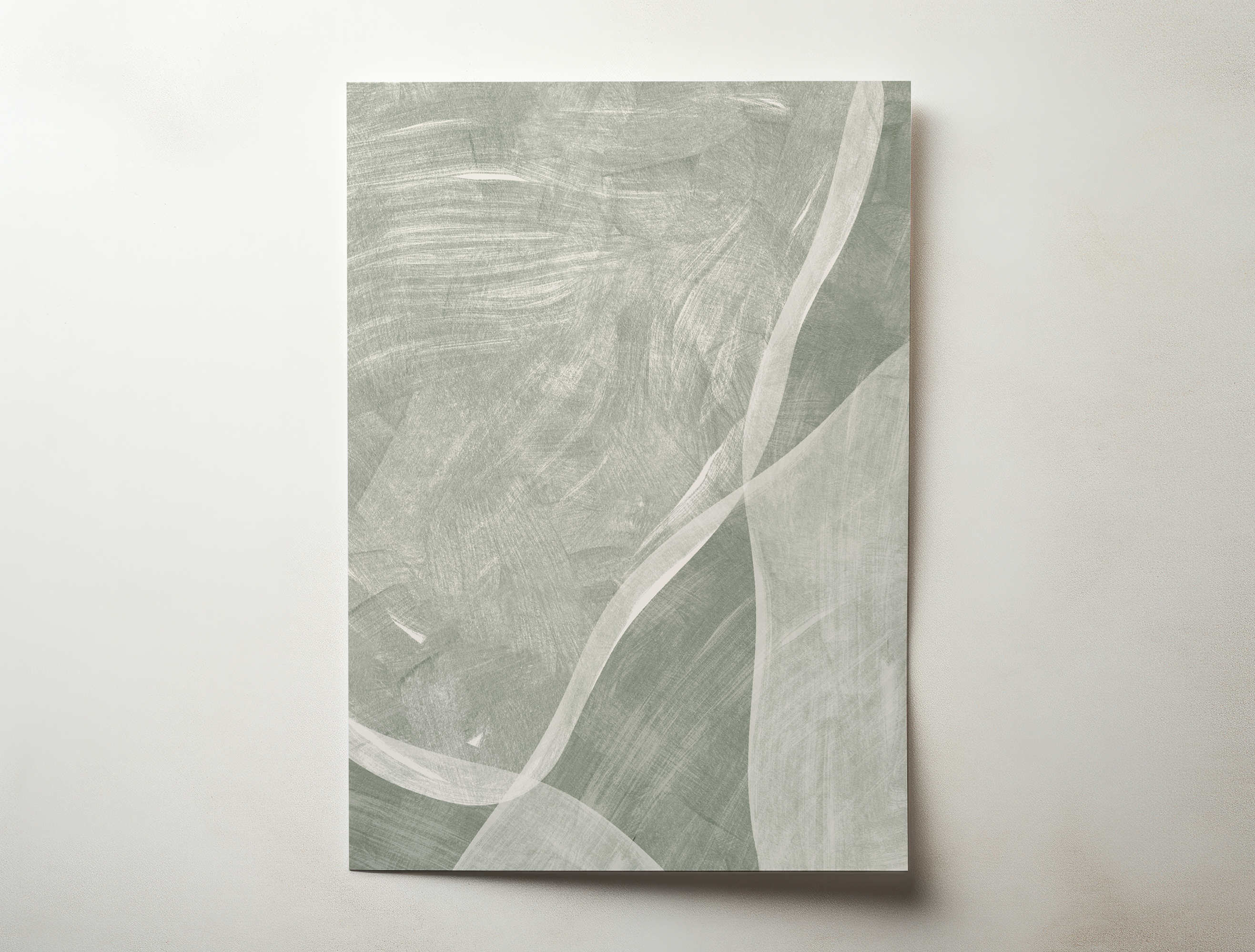 Abstract sage green art print with soft flowing lines and textured brushstrokes on a neutral background.