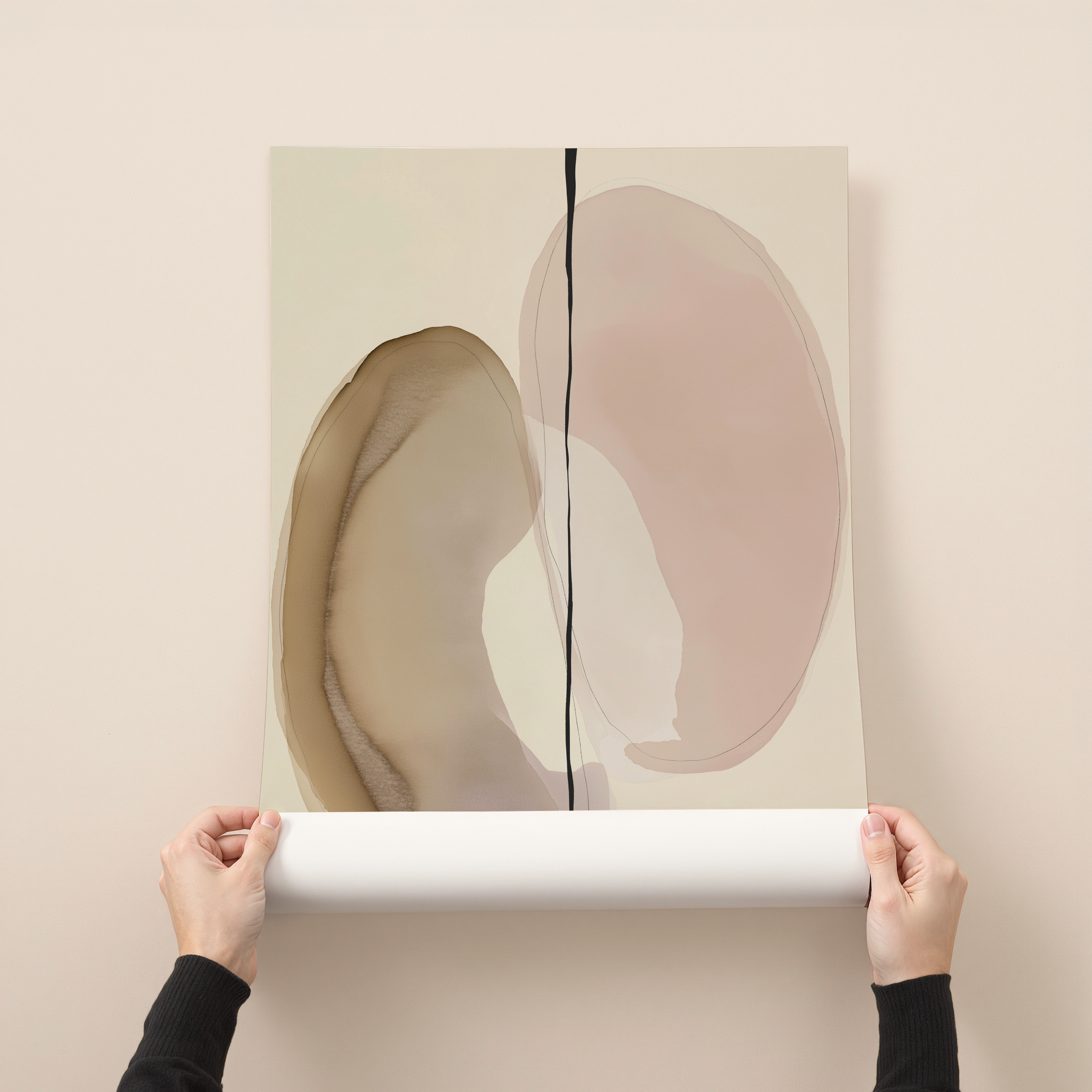 Arcelle minimalist abstract wall art featuring two soft organic shapes in neutral tones divided by a bold vertical line