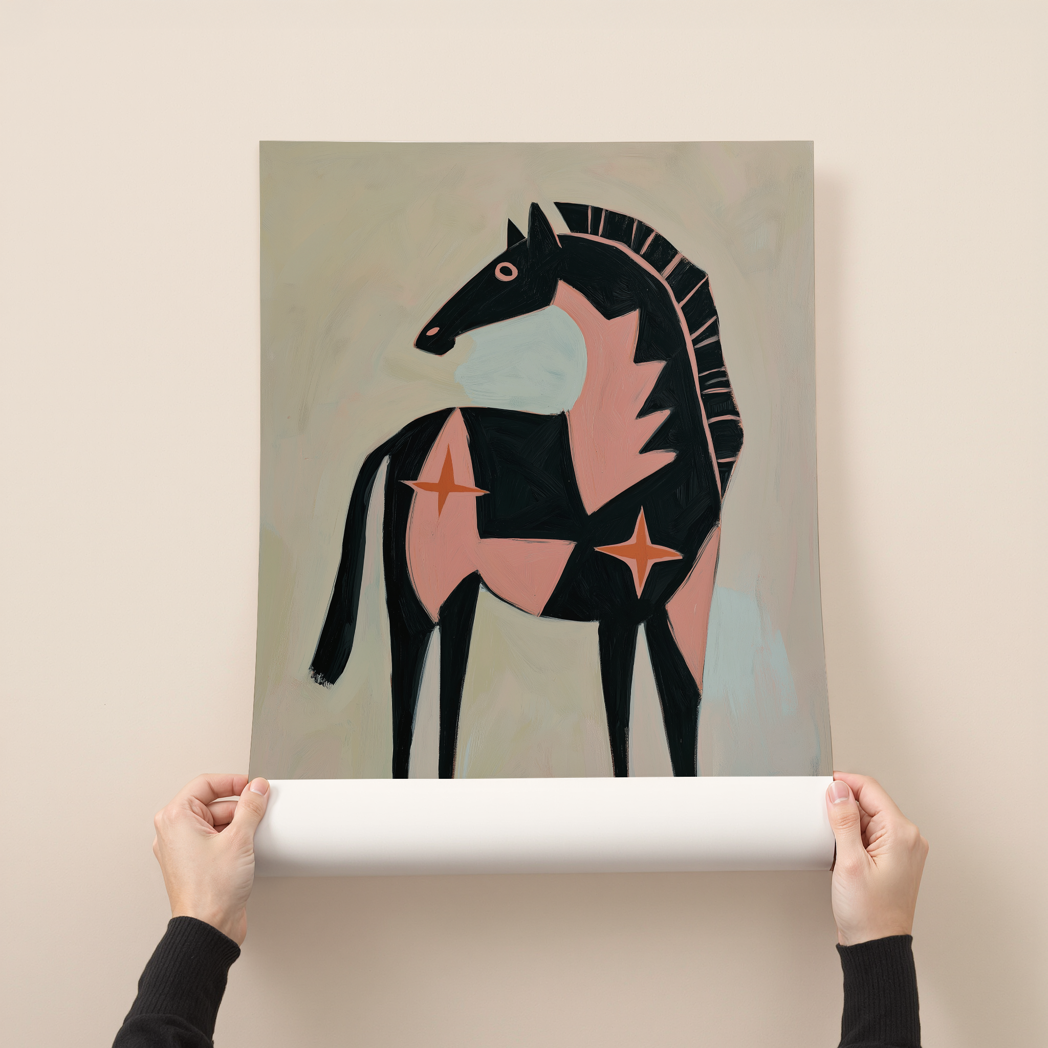 Minimalist horse illustration art print with black silhouette and terracotta star shapes on a neutral background