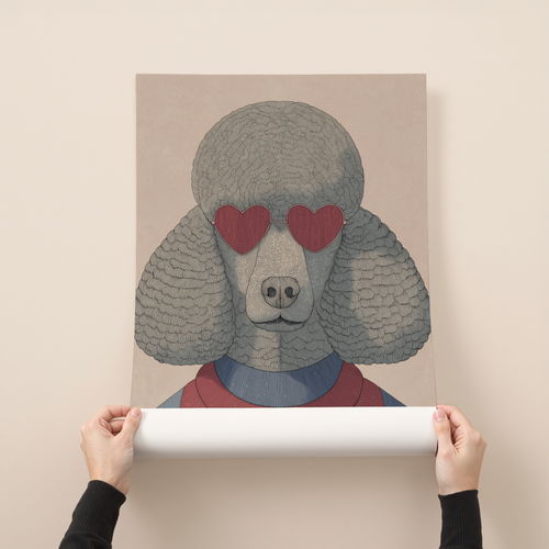 Belcour modern poodle wall art featuring a stylized dog with heart-shaped sunglasses and detailed graphic textures