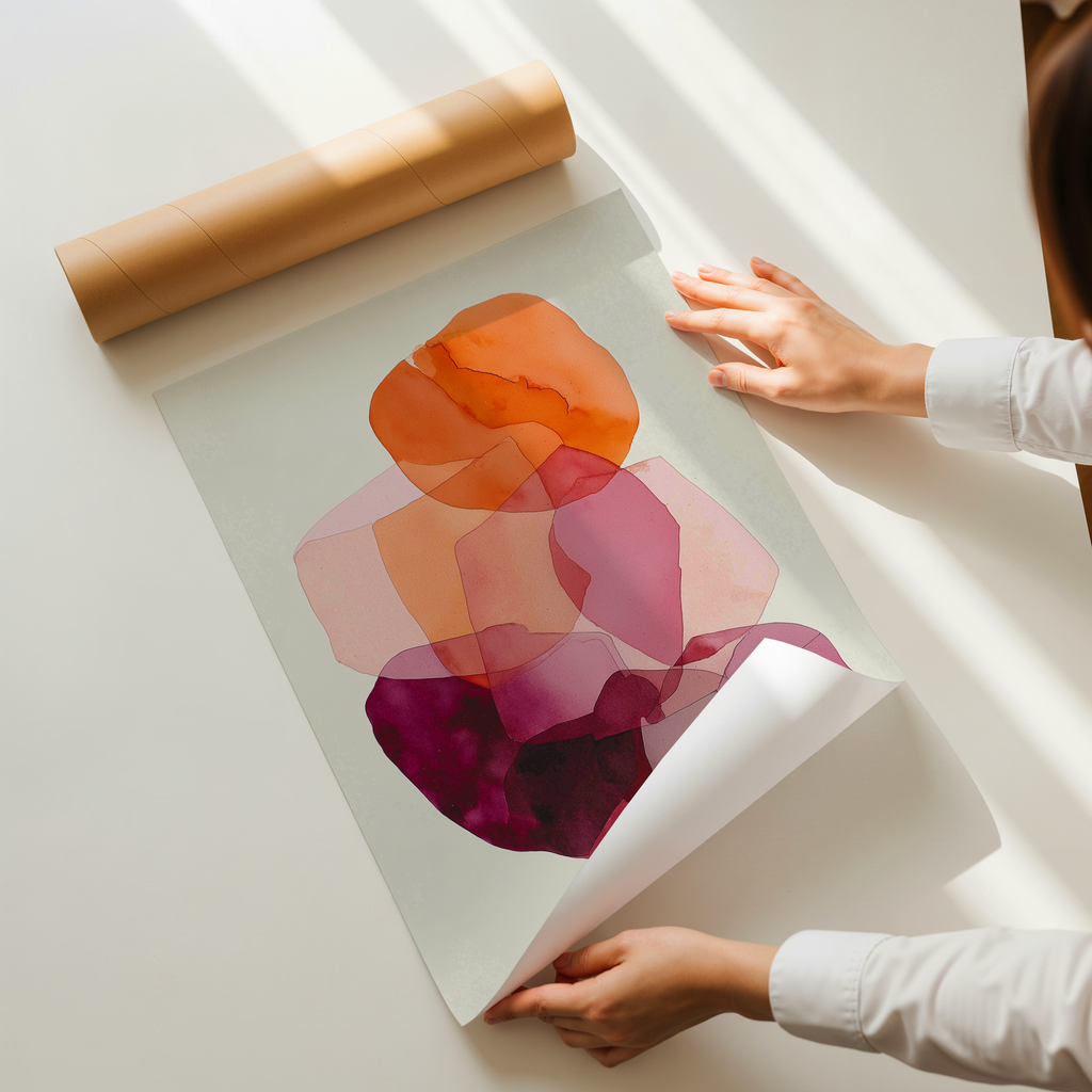 Modern abstract art print with layered translucent terracotta, blush and burgundy shapes on a neutral background