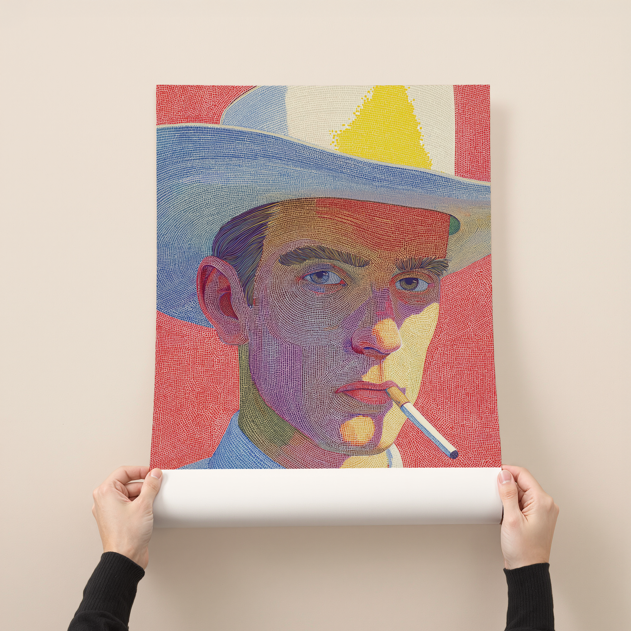 Colorful modern portrait art print of a man wearing a wide hat and smoking, illustrated with fine graphic lines and bold red, blue and yellow tones