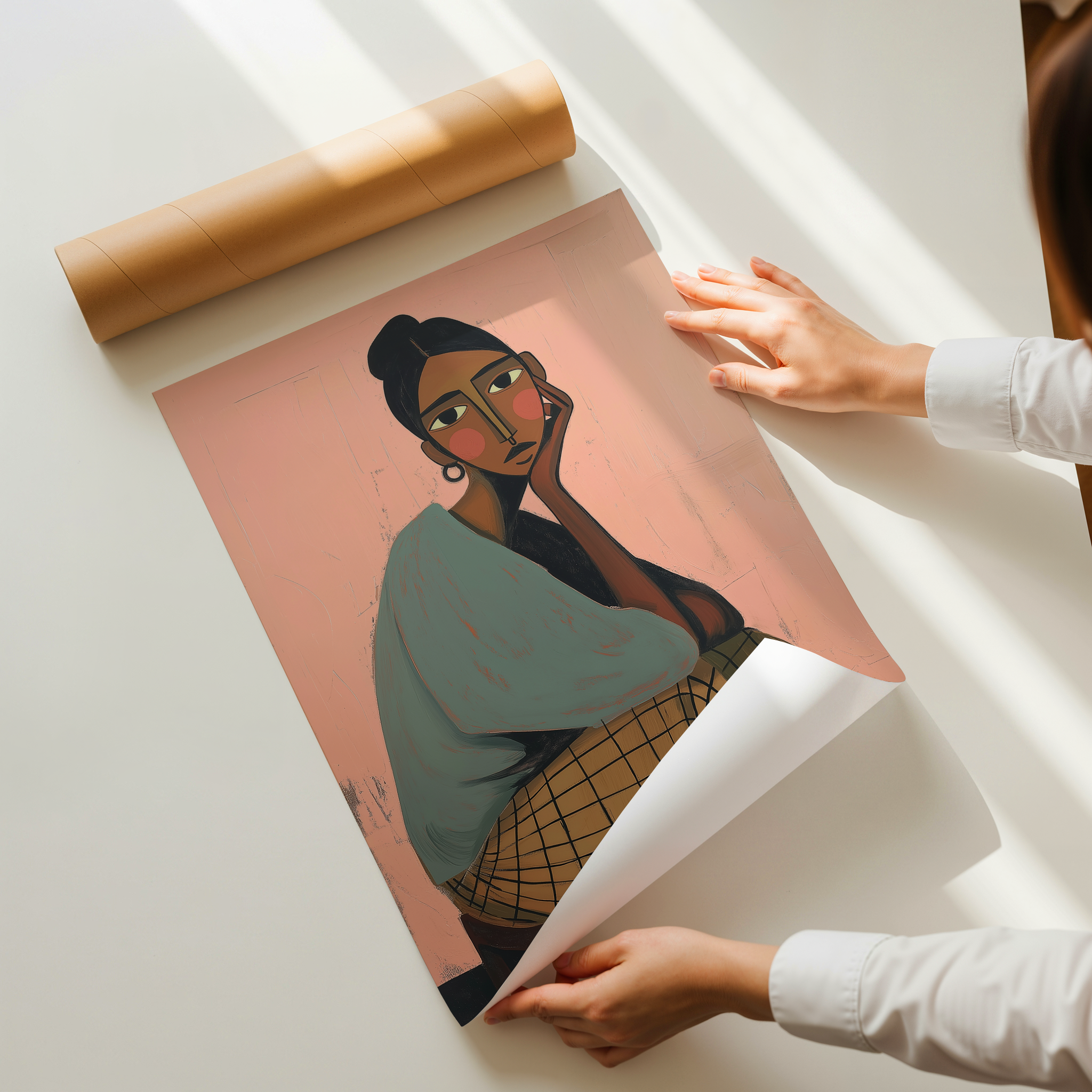 Mara modern portrait wall art showing a seated woman resting her head on her hand in warm earthy tones