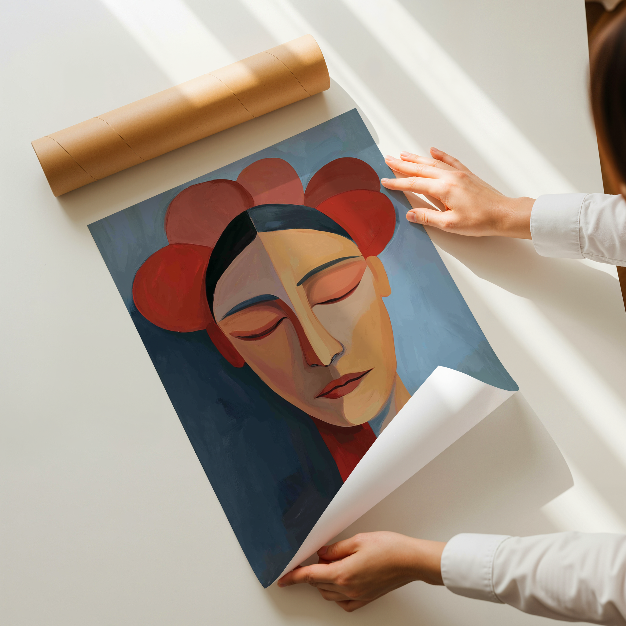 Seraphine modern portrait wall art showing a serene female face with closed eyes framed by red floral shapes