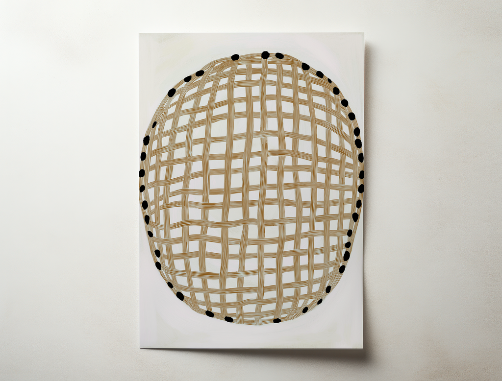 Minimal abstract wall art print with woven vertical and horizontal lines in neutral tones, modern and Scandinavian style.