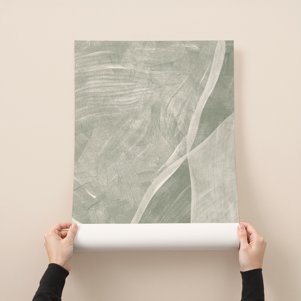 Abstract sage green art print with soft flowing lines and textured brushstrokes on a neutral background.