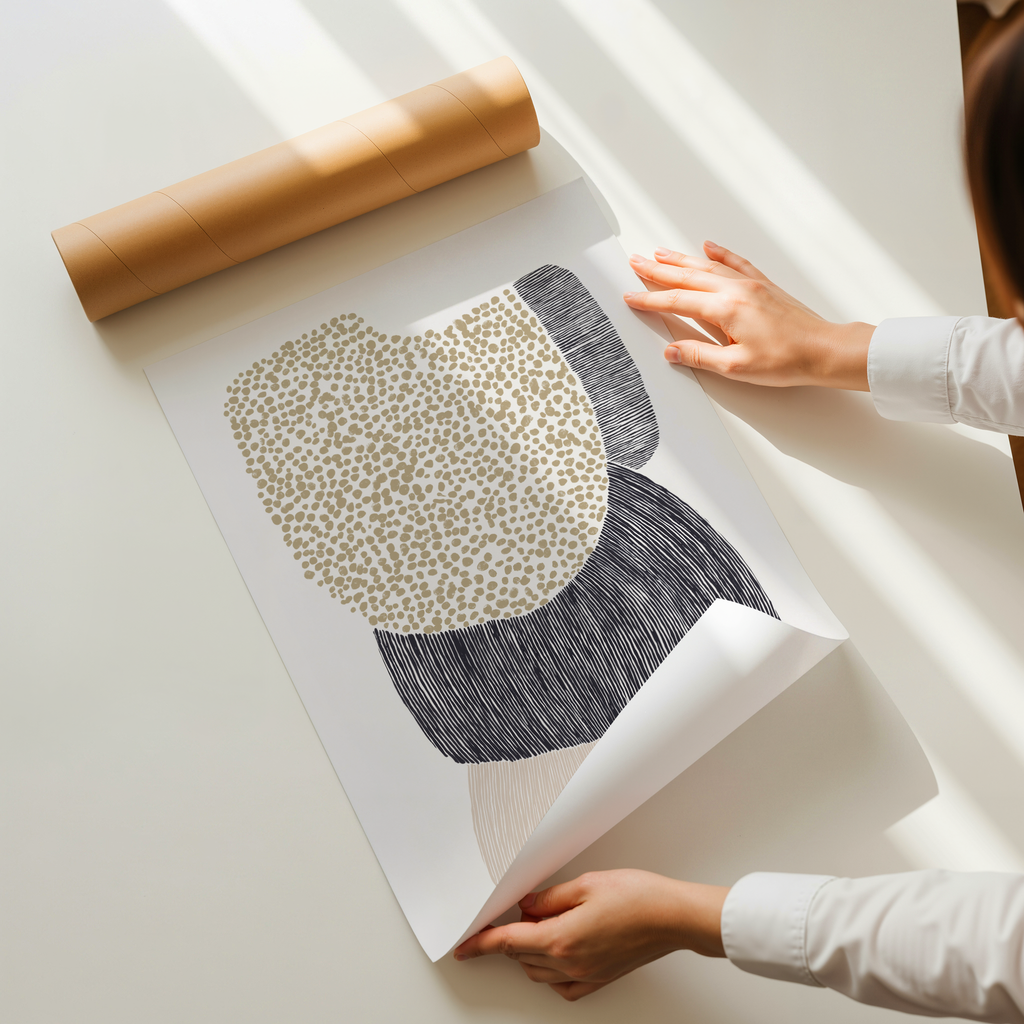 Halo Sand minimalist abstract wall art with sand colored dots and black organic shapes