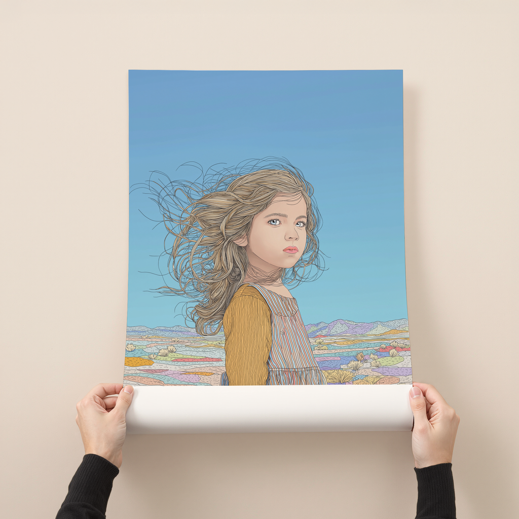 Illustrated art print of a young girl standing in a soft desert landscape with wind blowing through her hair under a clear blue sky.