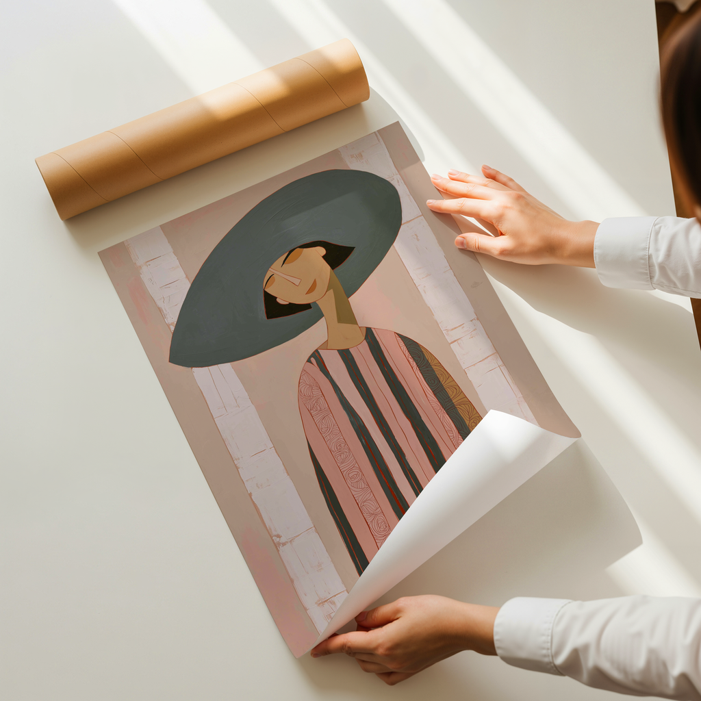 Minimalist woman portrait art print with wide hat, soft neutral colors and modern illustration style, elegant contemporary wall decor
