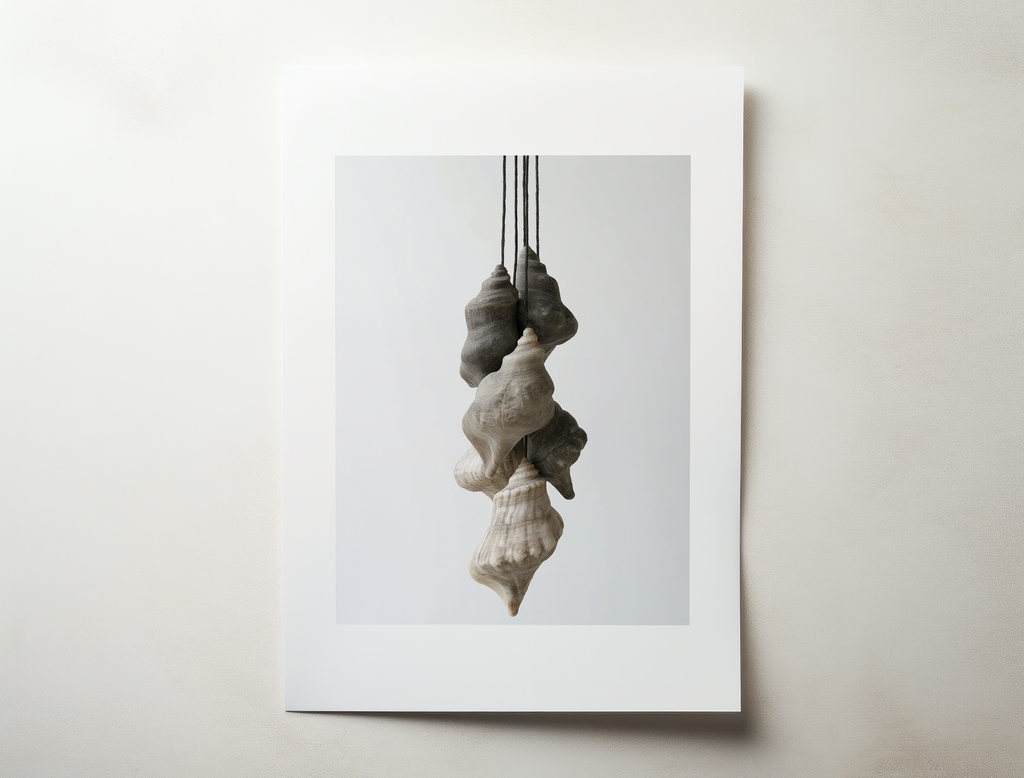 Seronne minimalist shell photography wall art with suspended sculptural seashell composition