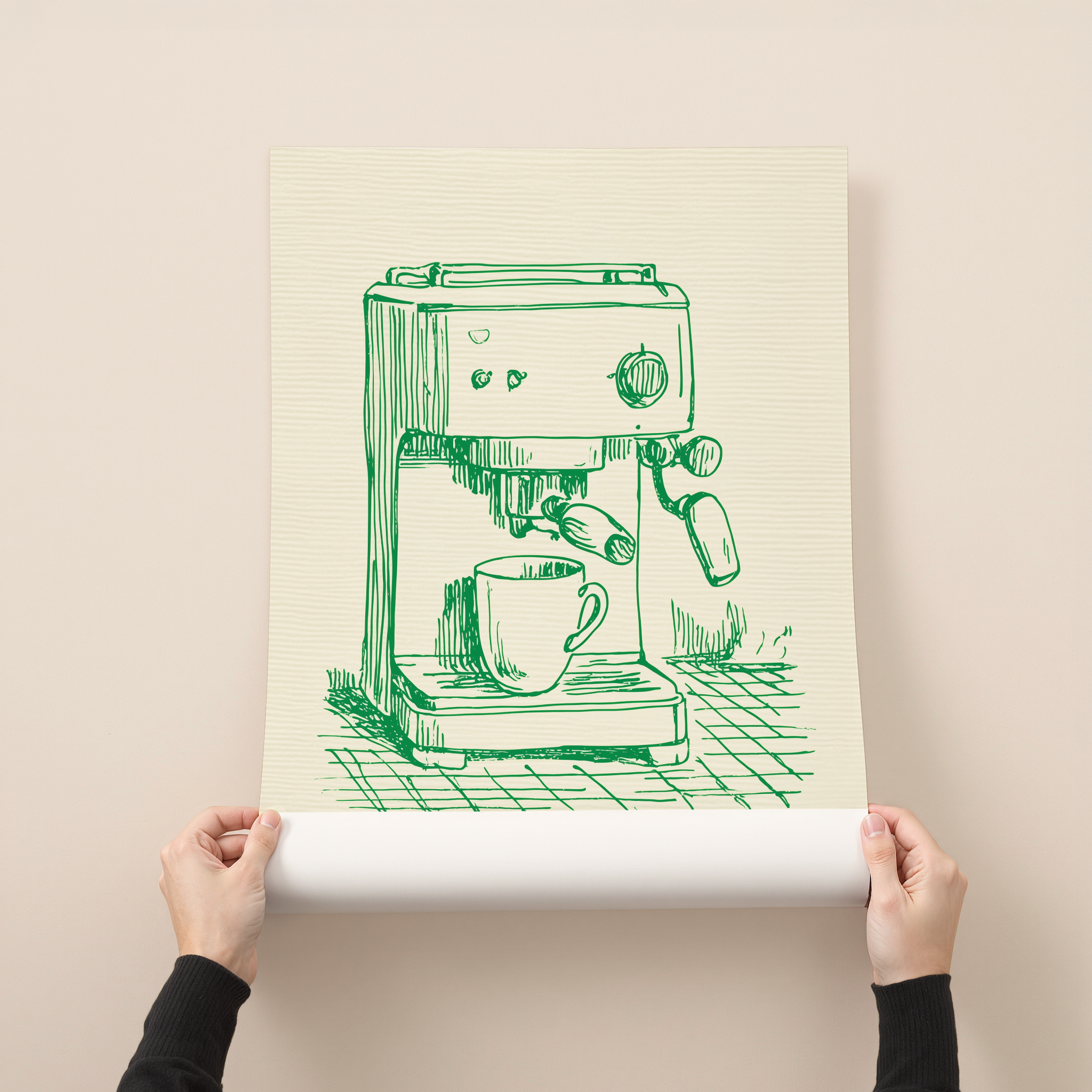 Porto Brew minimalist line illustration of an espresso machine with a coffee cup in green ink