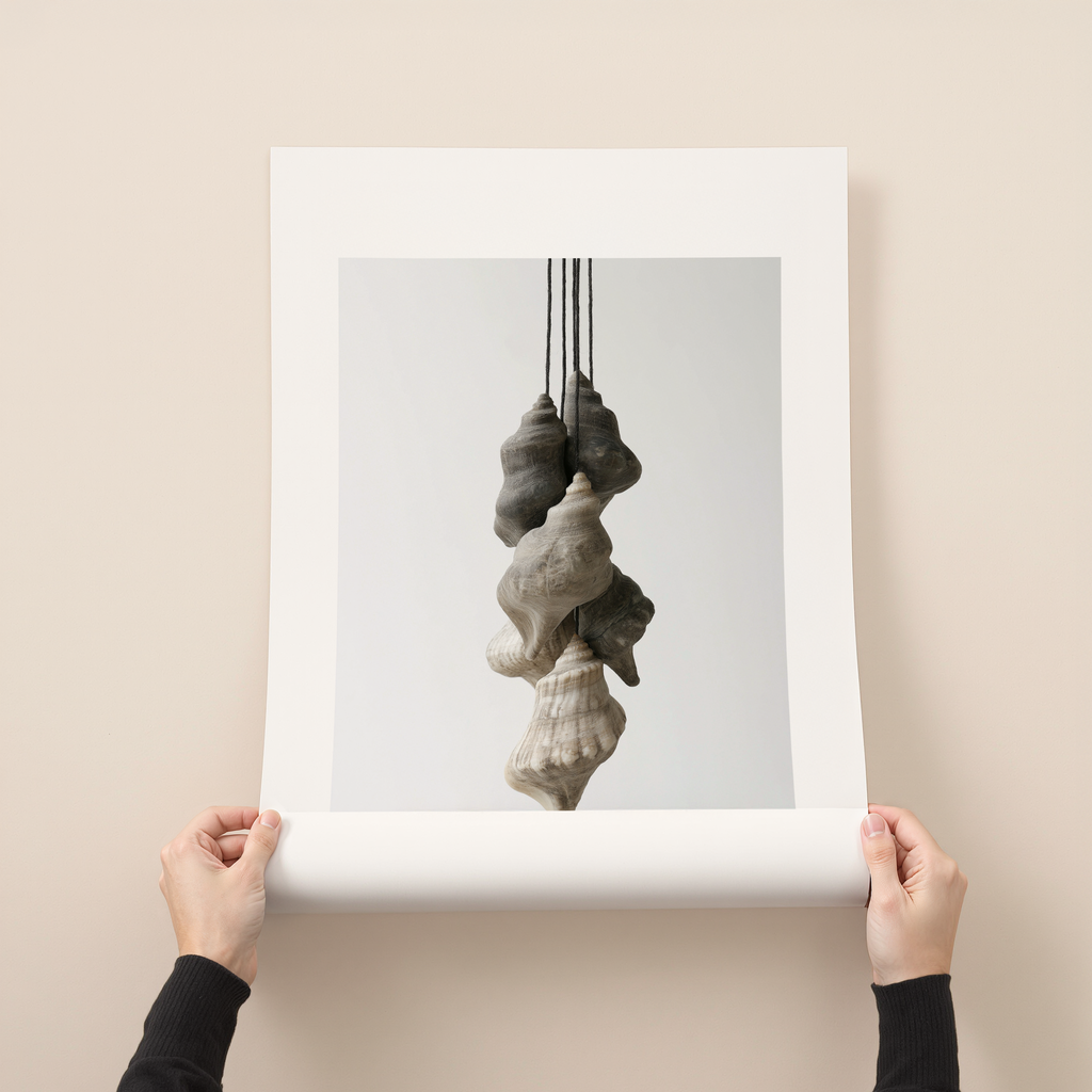 Seronne minimalist shell photography wall art with suspended sculptural seashell composition