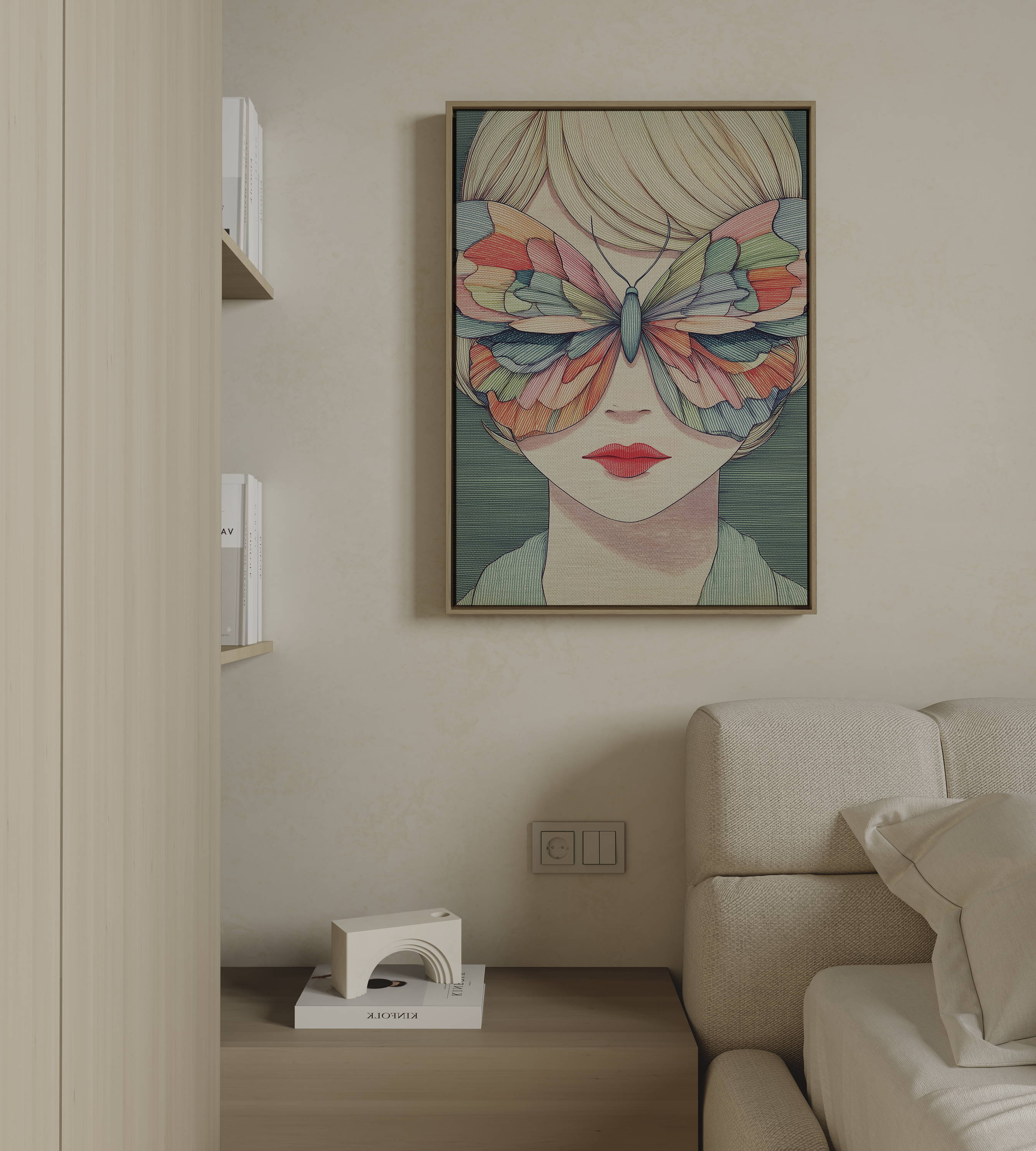 minimalist butterfly wall art with feminine portrait in soft muted tones