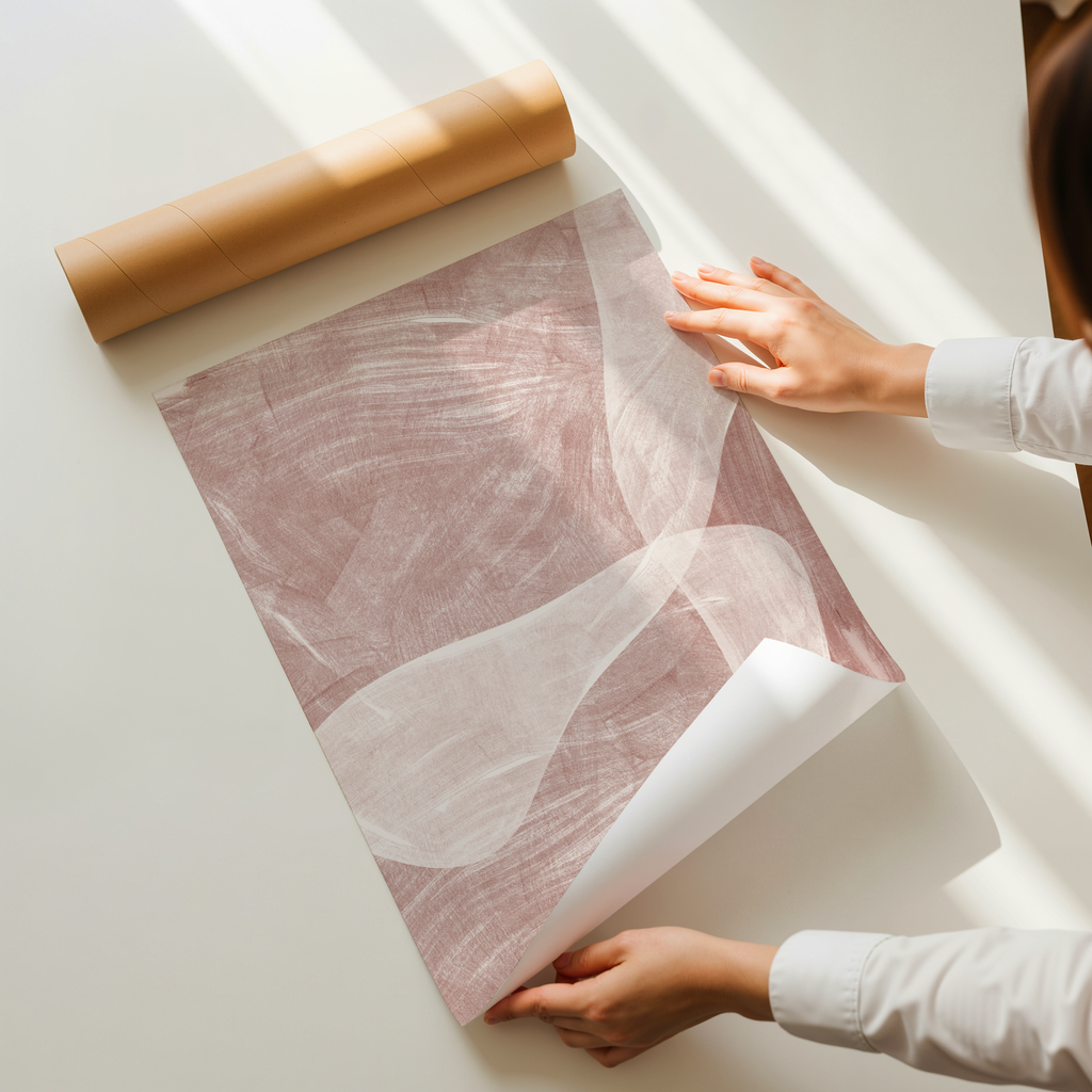 Abstract wall art print with soft flowing brushstrokes in blush and warm neutral tones, minimalist modern design.