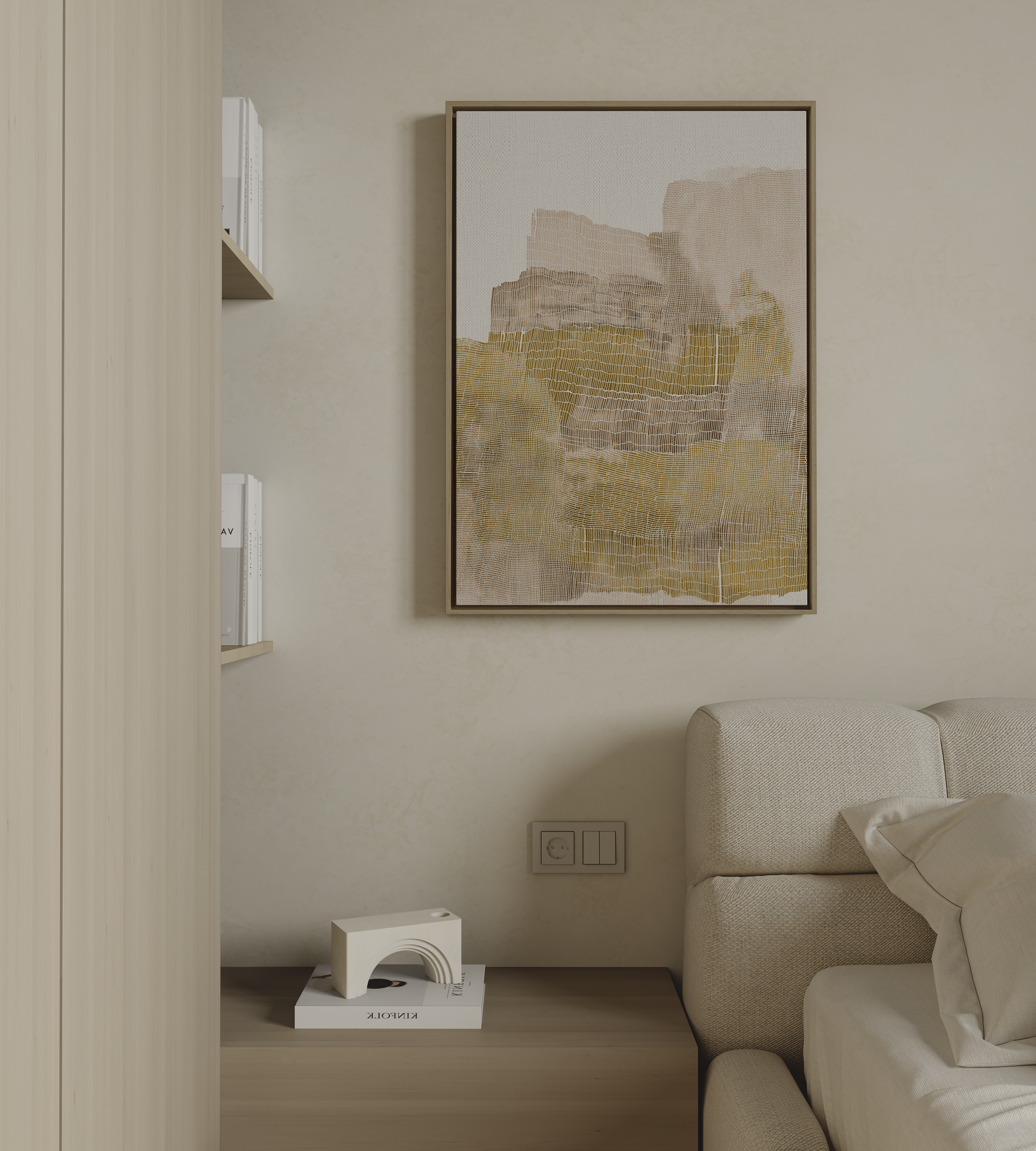 Neutral abstract wall art with layered textures and warm sand tones