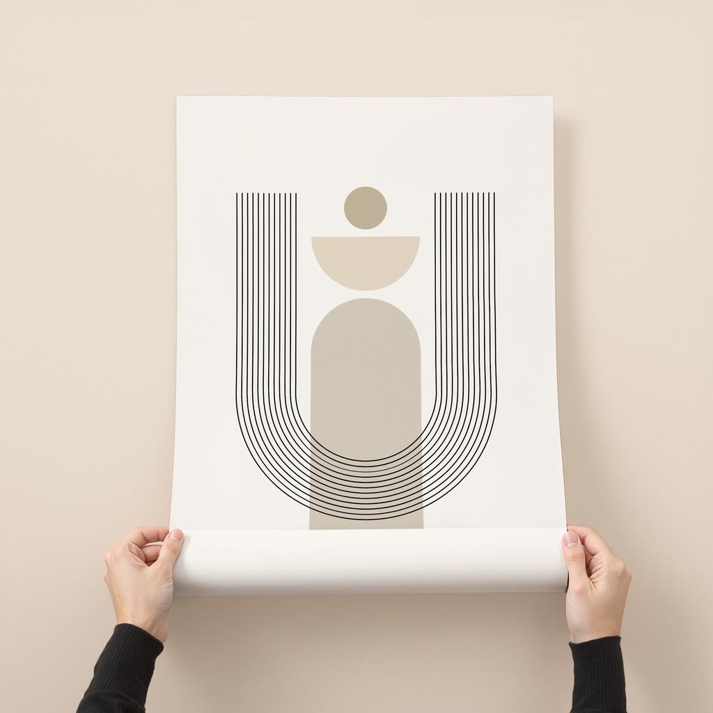 Minimal geometric abstract art print with soft curves and neutral beige tones
