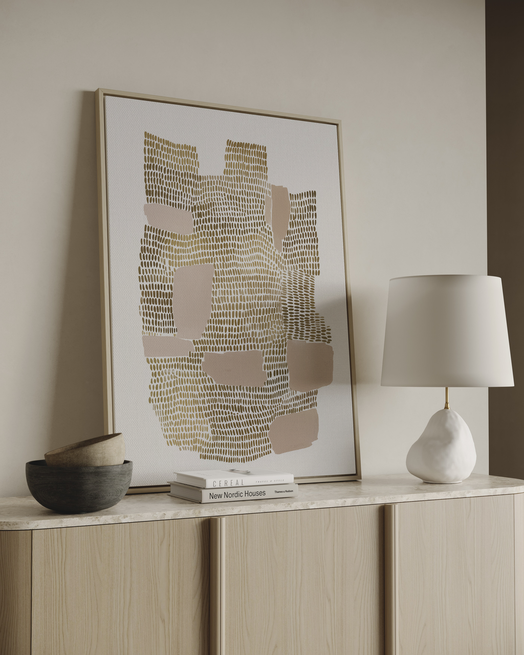 Abstract wall art with gold textured pattern and soft neutral shapes