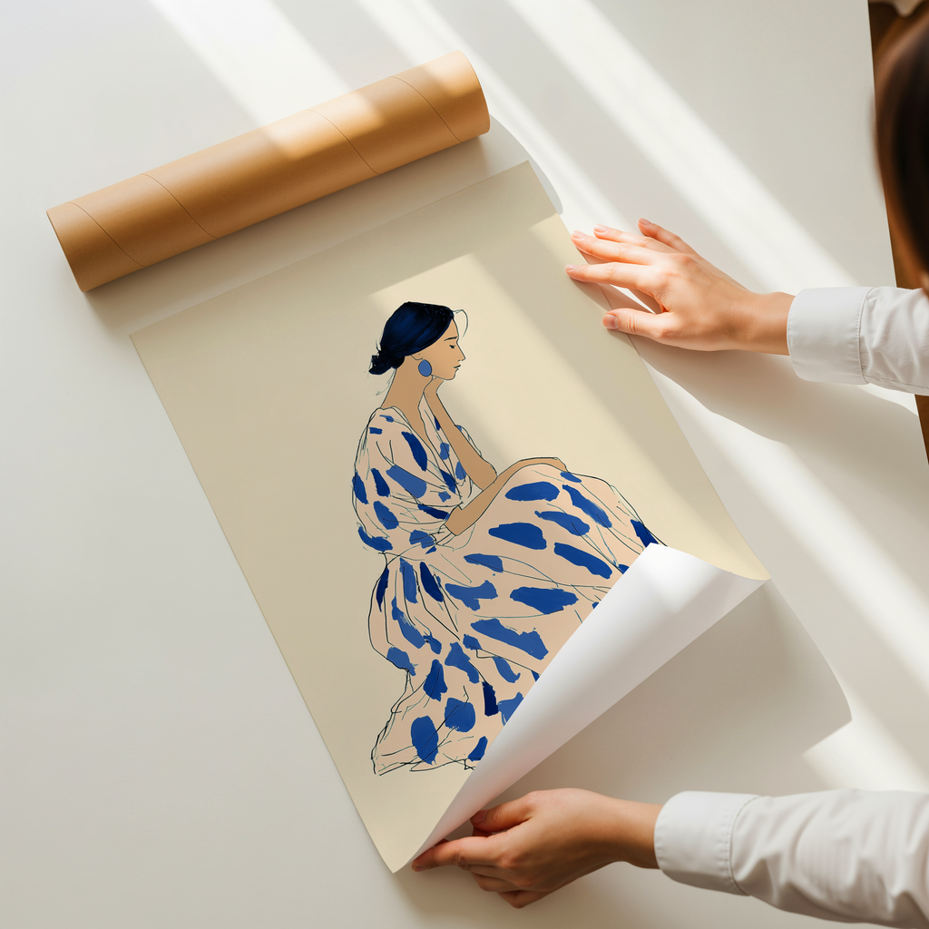 Framed minimalist artwork of a seated female figure in soft beige tones with blue accents, modern and elegant wall art