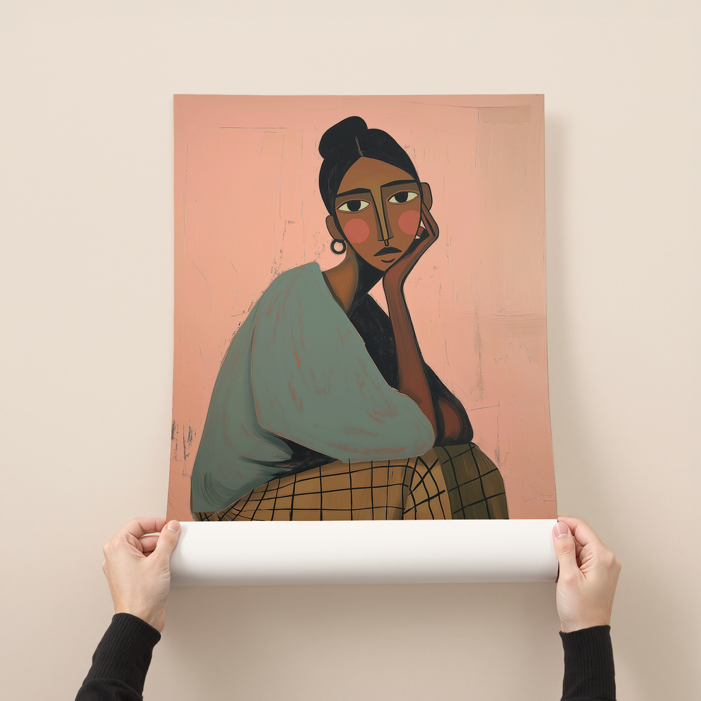 Mara modern portrait wall art showing a seated woman resting her head on her hand in warm earthy tones