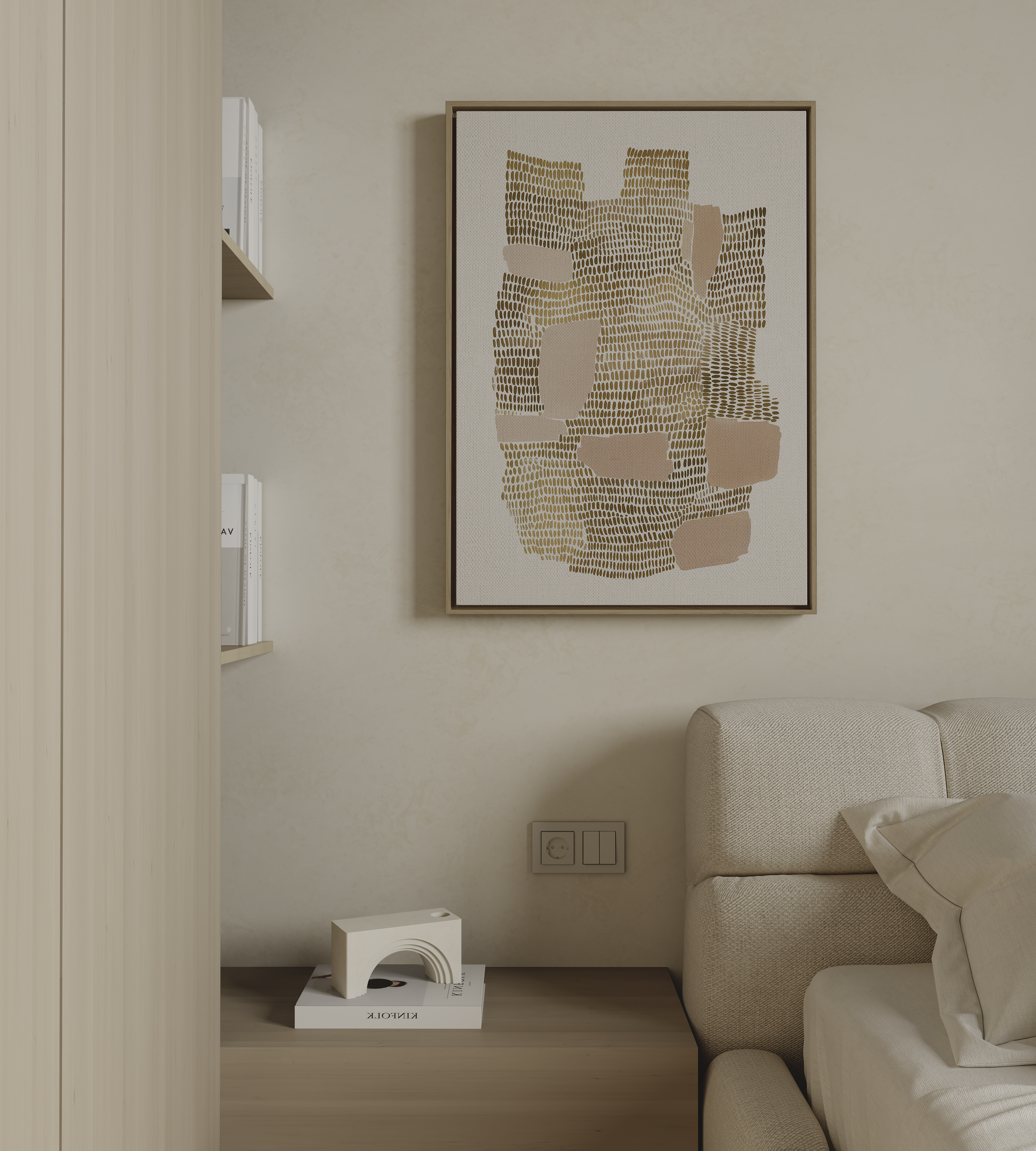 Abstract wall art with gold textured pattern and soft neutral shapes