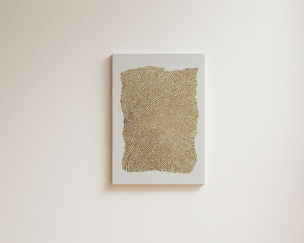 Minimalist abstract wall art with gold textured pattern on neutral background