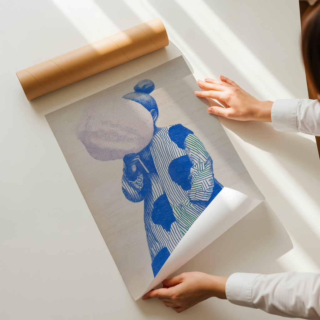 Playful modern illustration art print of a small girl figure with pink cotton candy and blue patterned clothing in minimalist graphic style