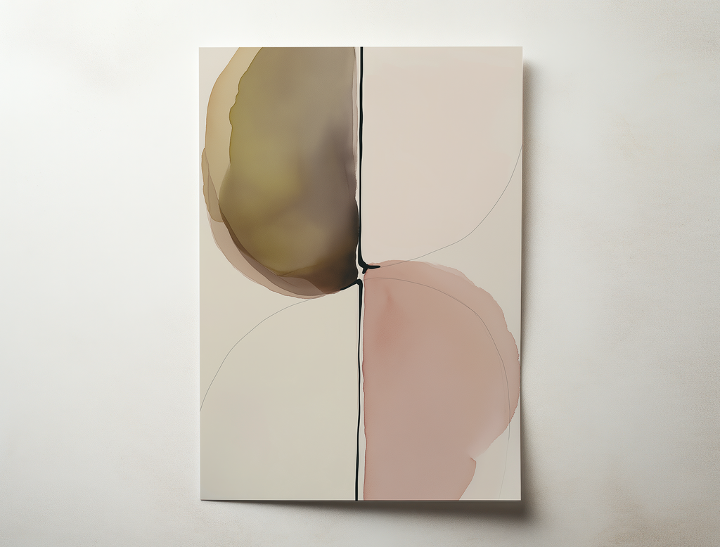 Solren minimalist abstract wall art with organic shapes in warm neutral tones intersected by a bold vertical line