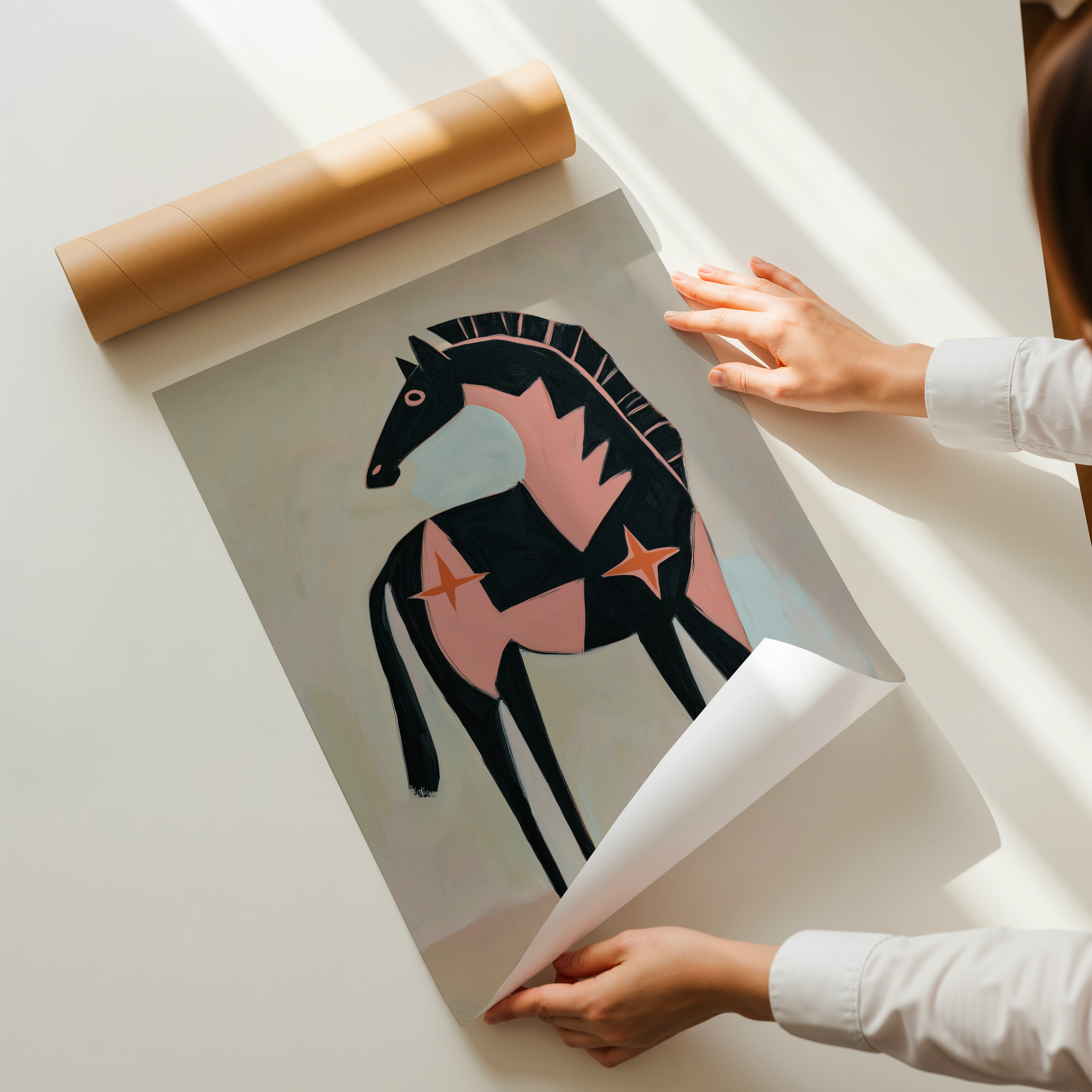 Minimalist horse illustration art print with black silhouette and terracotta star shapes on a neutral background