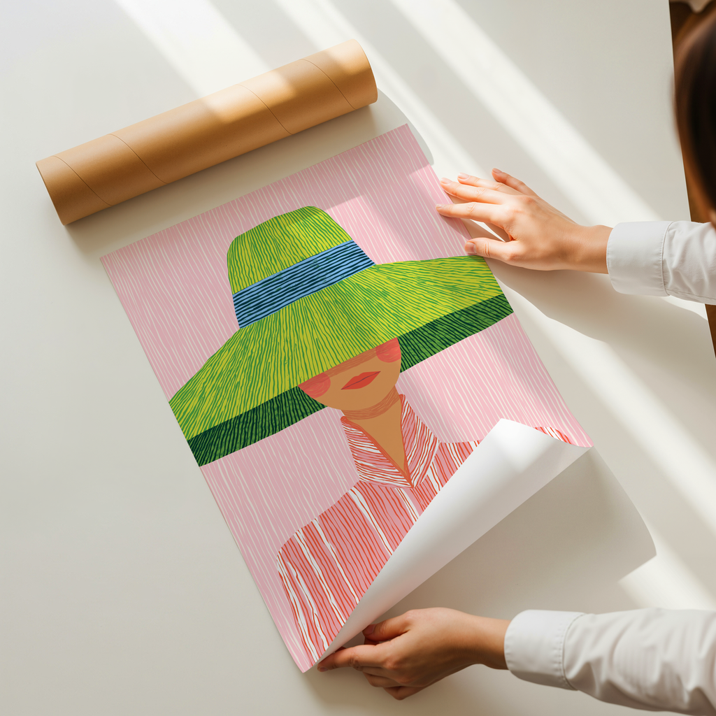 Livia modern fashion portrait wall art showing a woman wearing a wide green hat and striped blouse on a soft pink background