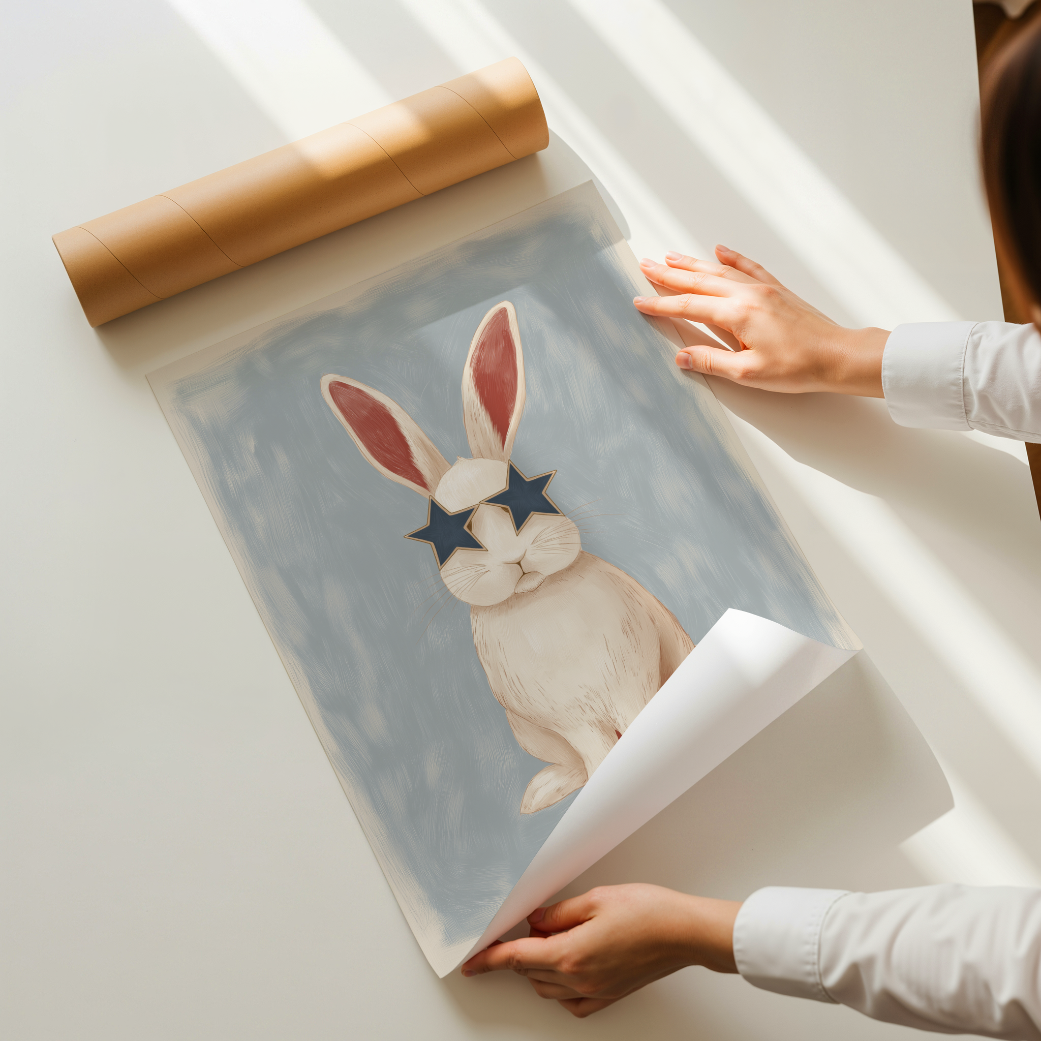 Bondi Roo bunny illustration wearing star sunglasses whimsical wall art