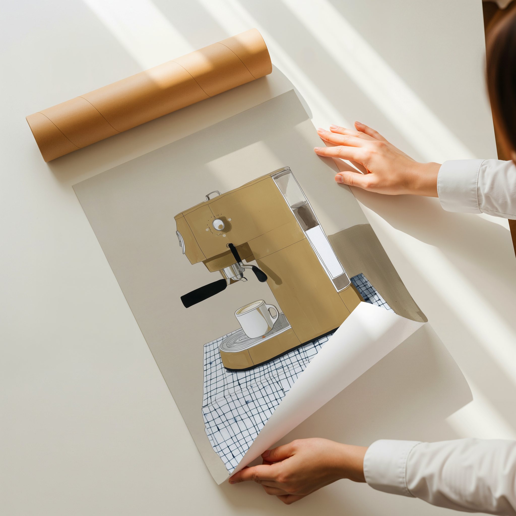 Minimalist coffee machine illustration art print with espresso maker and cup in warm neutral tones, modern kitchen wall decor