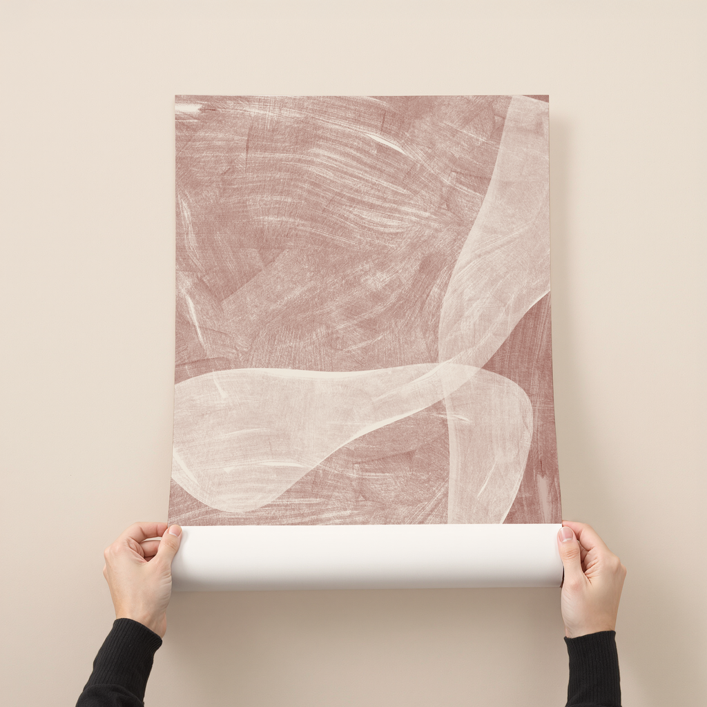 Abstract wall art print with soft flowing brushstrokes in blush and warm neutral tones, minimalist modern design.