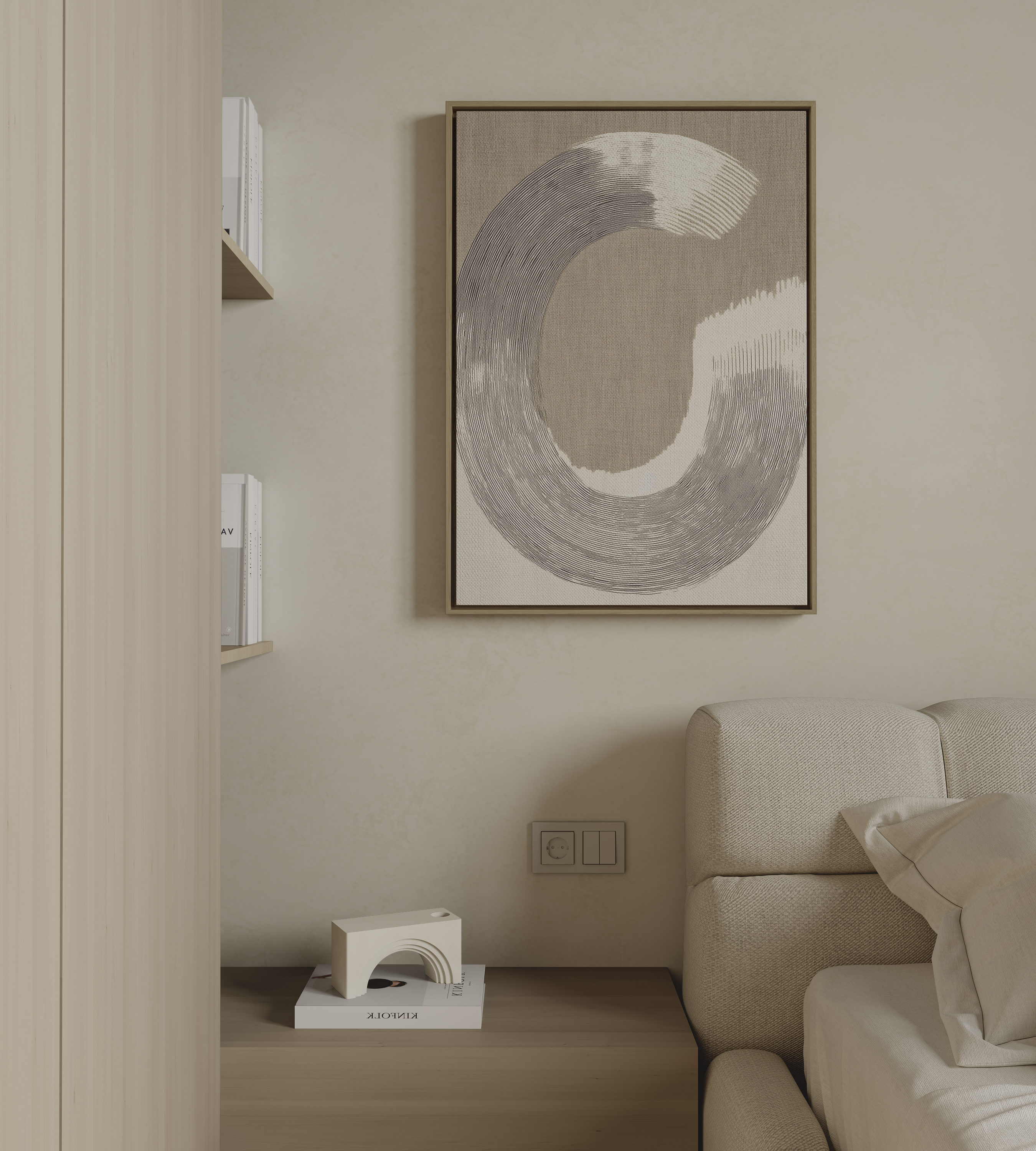 Minimalist abstract wall art with circular line composition on neutral background